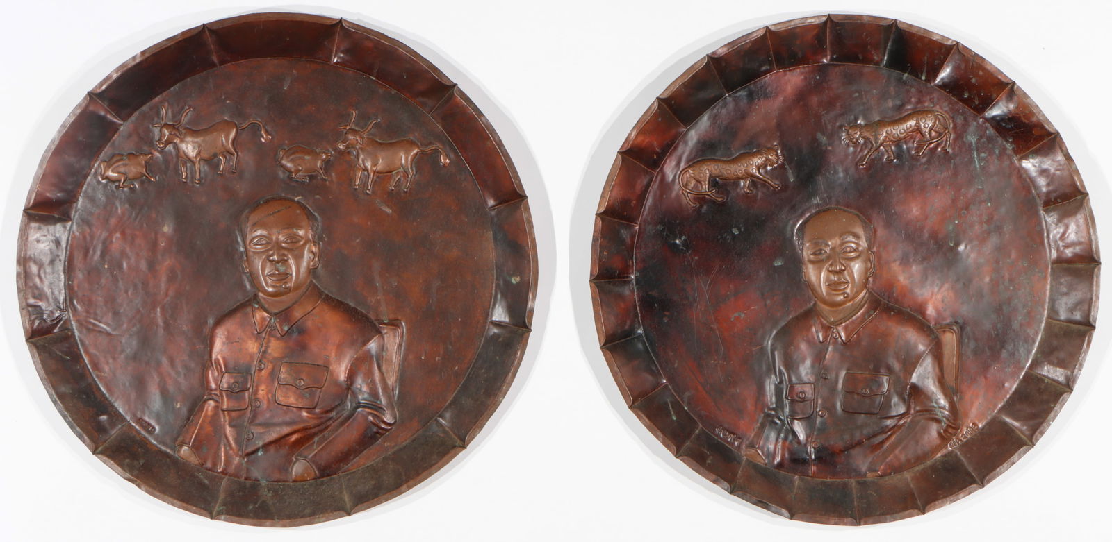 2 Large Copper Plaques of Seated Mao Zedong: 2 Large Copper Plaques With Portraits of Seated Mao Zedong. Signed: Andala. Each Diameter: 32" (81 cm).