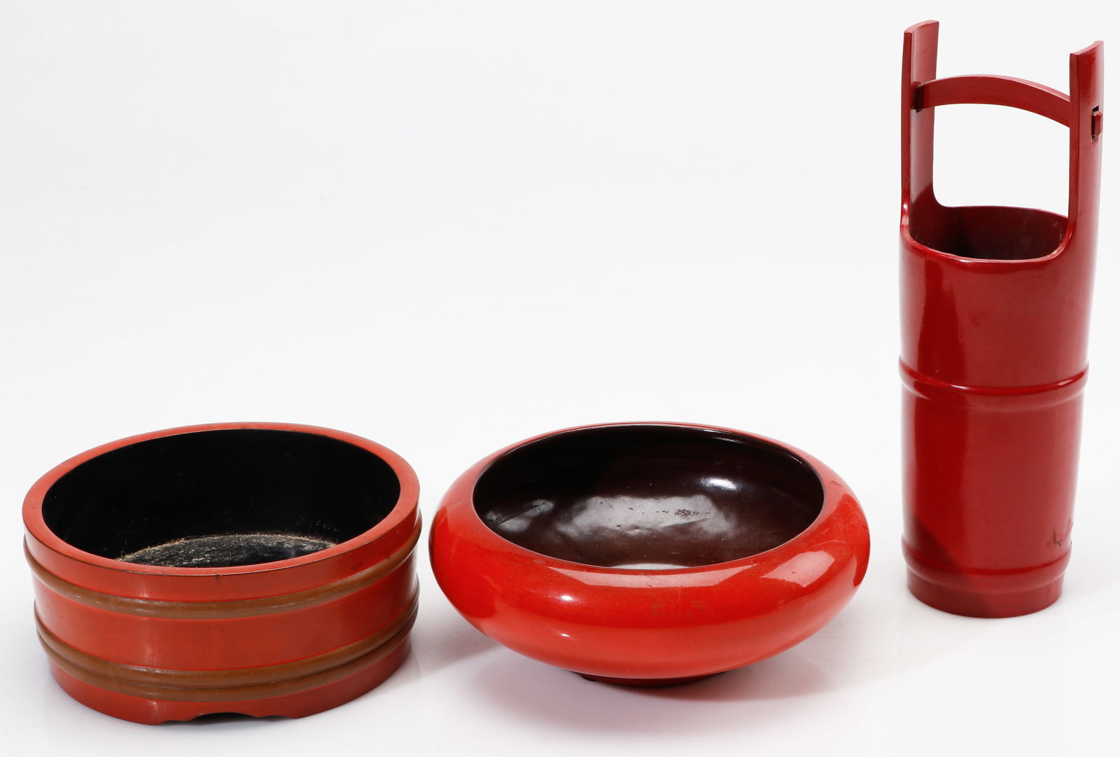 3 Asian Red Lacquer Vessels: 3 Asian Red Lacquer Vessels. Sizes From: 3.5'' x 7.5'' x 6.5'' (9 x 19 x 17 cm); To: 10.5'' x 3.5'' x 3'' (27 x 9 x 8 cm). Provenance: Private Philadelphia Estate Collection.