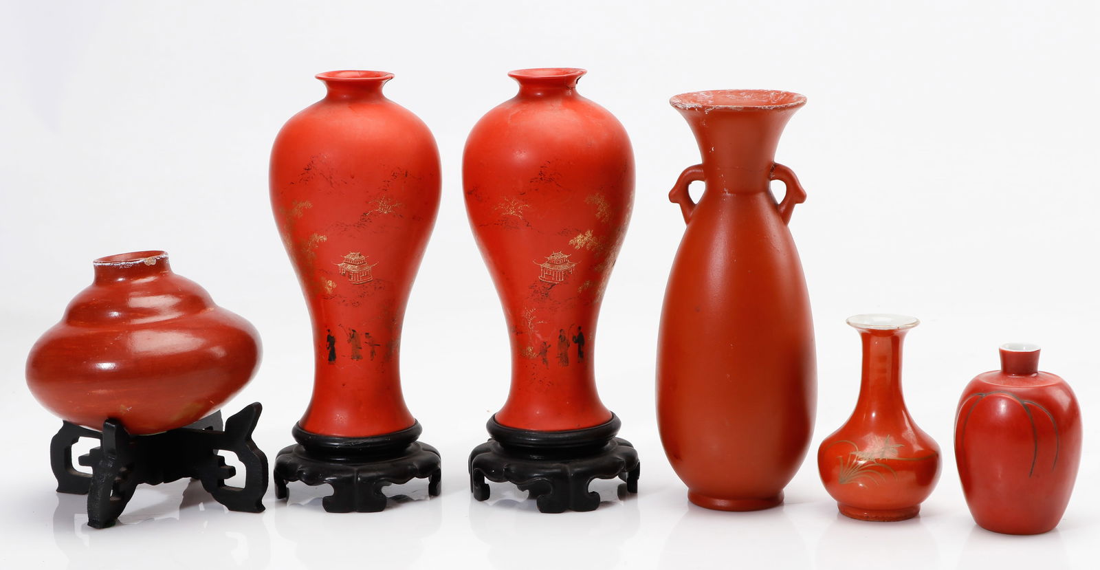 Group of Six Chinese Lacquer Vases: Group of Six Chinese Lacquer Vases. Sizes From: 4.5'' x 2'' x 3'' (11 x 5 x 8 cm); To: 10'' x 4'' x 4'' (25 x 10 x 10 cm). Provenance: Private Philadelphia Estate Collection.