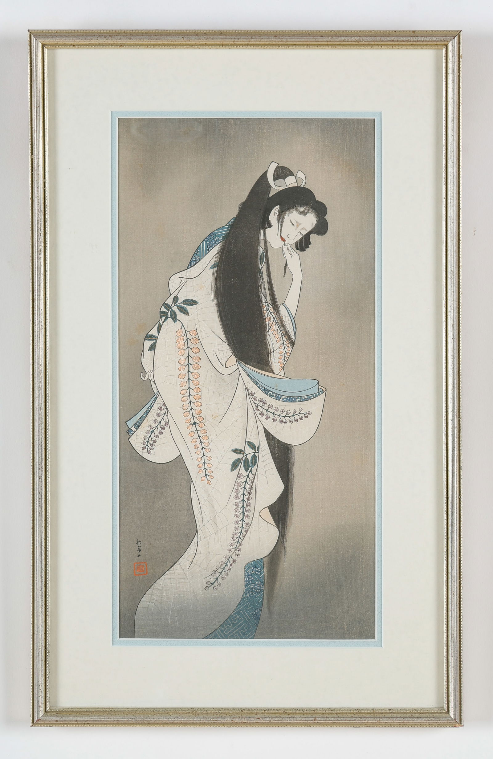 Uemura Shoen (Japanese, 1875-1949) "Flames," 1918: Uemura Shoen (Japanese, 1875-1949) "Flames," 1918, woodblock print, signed. Framed. Depicts Lady Rokujo, a character from The Tale of Genji. Size: 13.75'' x 6.75'', 35 x 17 cm (sight); 18.75'' x 11.75