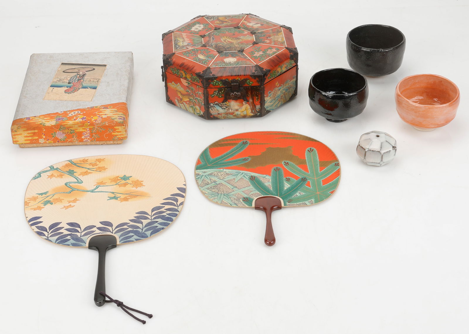 Collector's Lot of 8 Asian Articles: Collector's Lot of 8 Asian Articles. Including: a Vintage Korean Ox Horn Box. Fabric-lined interior with tray and nine small removable compartments on the lower level. Includes fish-shaped lock and ke