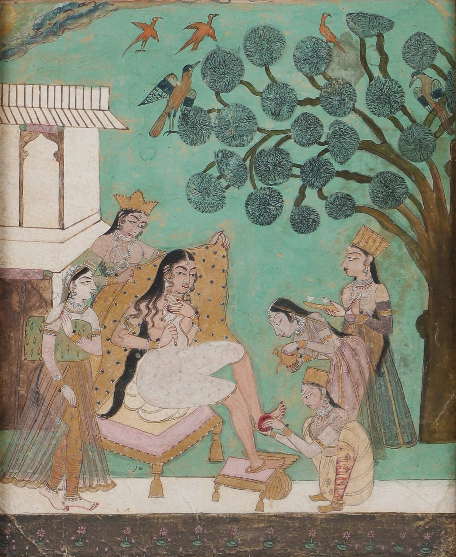 Antique Indian Bikaner School Miniature Painting: Antique Indian Bikaner School Miniature Painting. Lady being bathed by attendants, gouache on paper. Framed. Size: 8'' x 6.5'', 20 x 17 cm (sight); 16'' x 15'', 41 x 38 cm (frame).