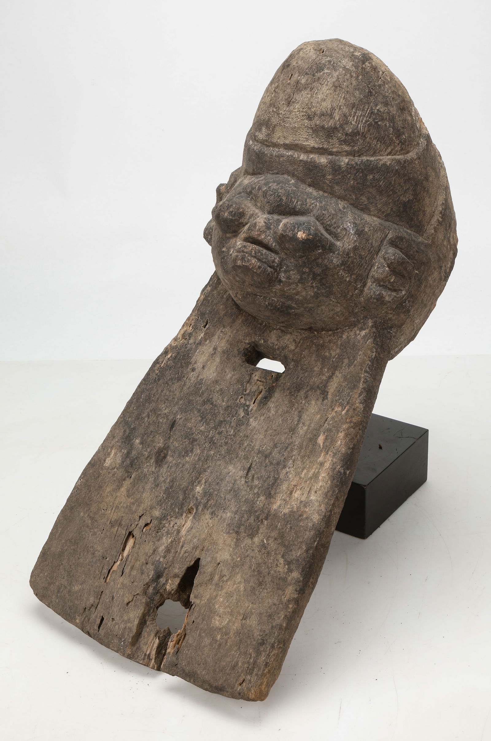 African Yoruba Geleda Great Mother Mask, Nigeria, H: 26": African Yoruba Epa Maternity Mask, Nigeria. Stand not included. Carved wood. Very old, probably retired from performance to become shrine figure for Gelede cult. Size: 26'' x 12.5'' x 10'' (66 x 32 x