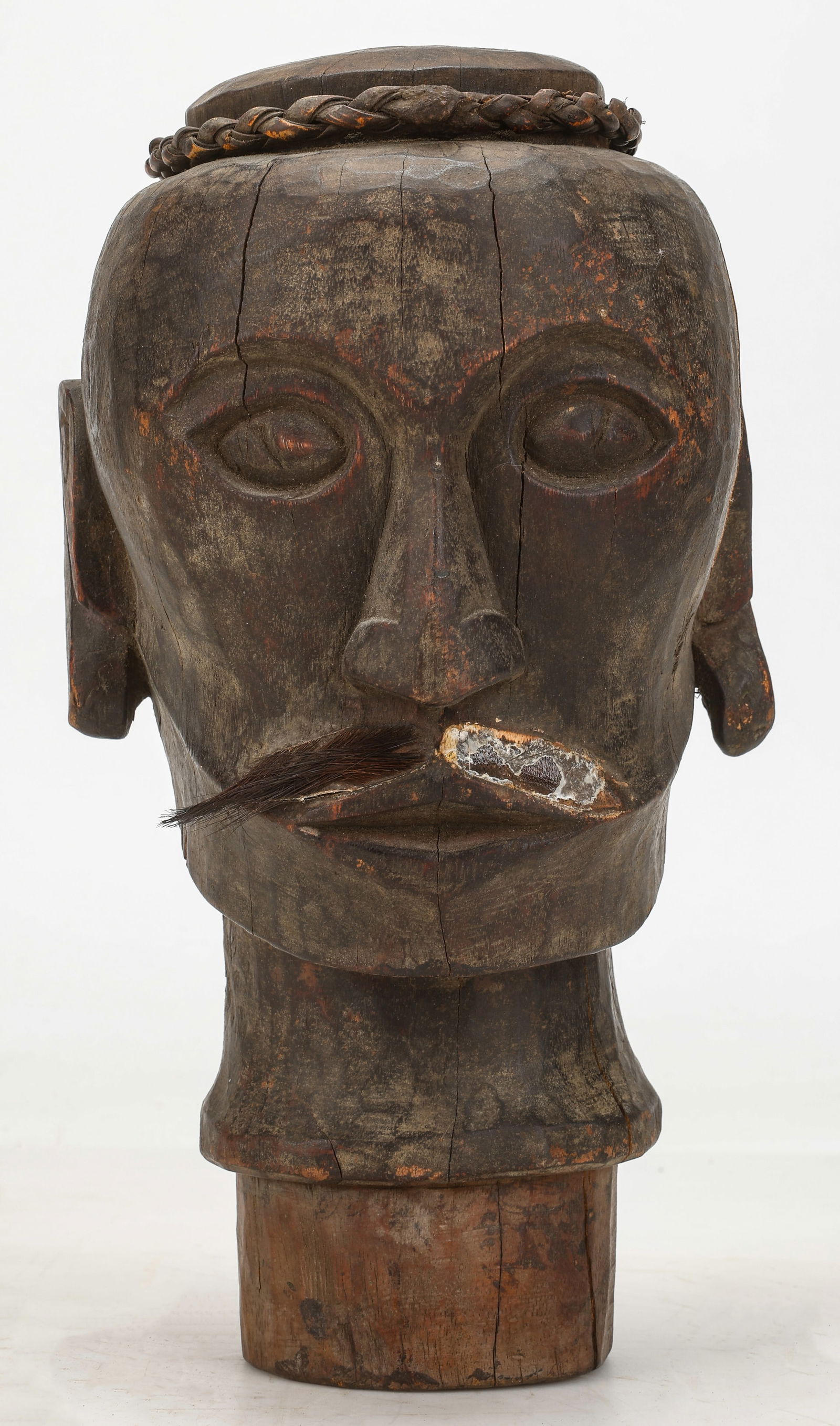 Batak Funerary Singali-Gali Funerary Puppet Head, Sumatra, Indonesia: Batak Funerary Singali-Gali Funerary Puppet Head, Sumatra, Indonesia. Carved wood, hair, representing man who died childless. Size: 13'' x 7'' x 8'' (33 x 18 x 20 cm).