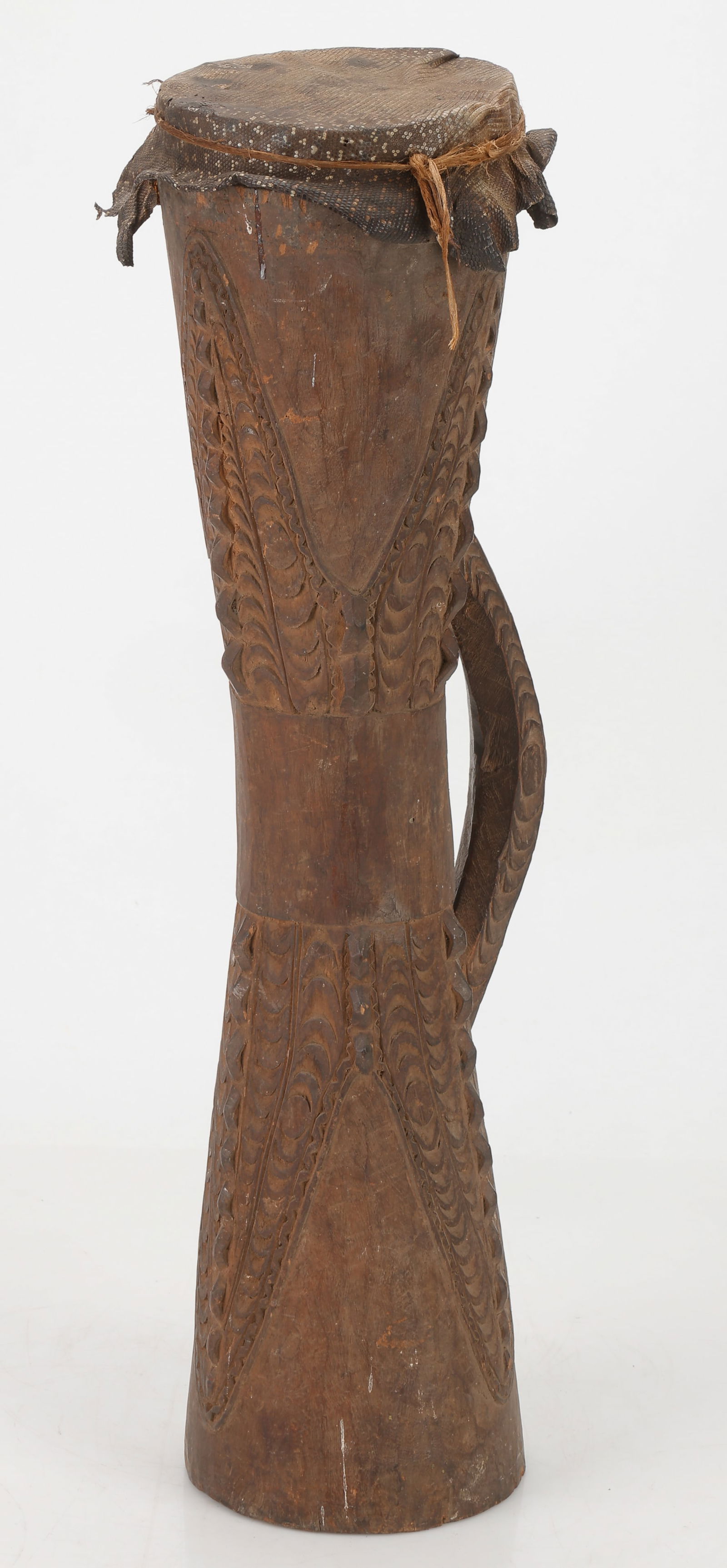 Sepik Carved Wood And Reptile Skin Drum, PNG, H: 29": Sepik Carved Wood And Reptile Skin Drum, PNG. Height: 29" (74 cm). Provenance: Acquired in situ by the late Professor Marshall Mount, New Jersey.