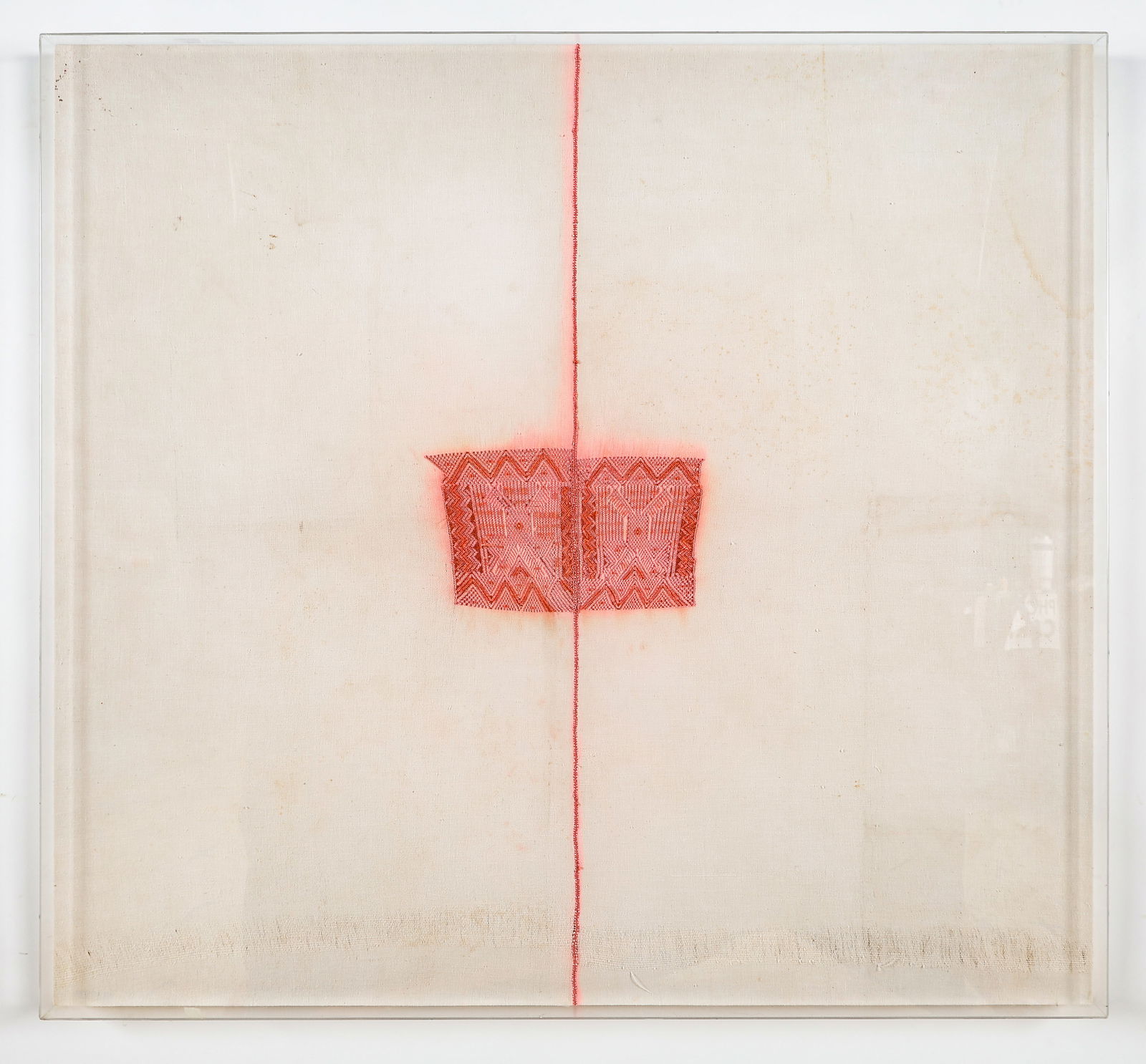 Framed Nahuala Huipil Embroidered Tunic, Guatemala: Framed Nahuala Huipil Embroiderd Tunic, Guatemala. Size: 40.75'' x 44'', 104 x 112 cm (stretcher). Ex. Mary McFadden Estate.