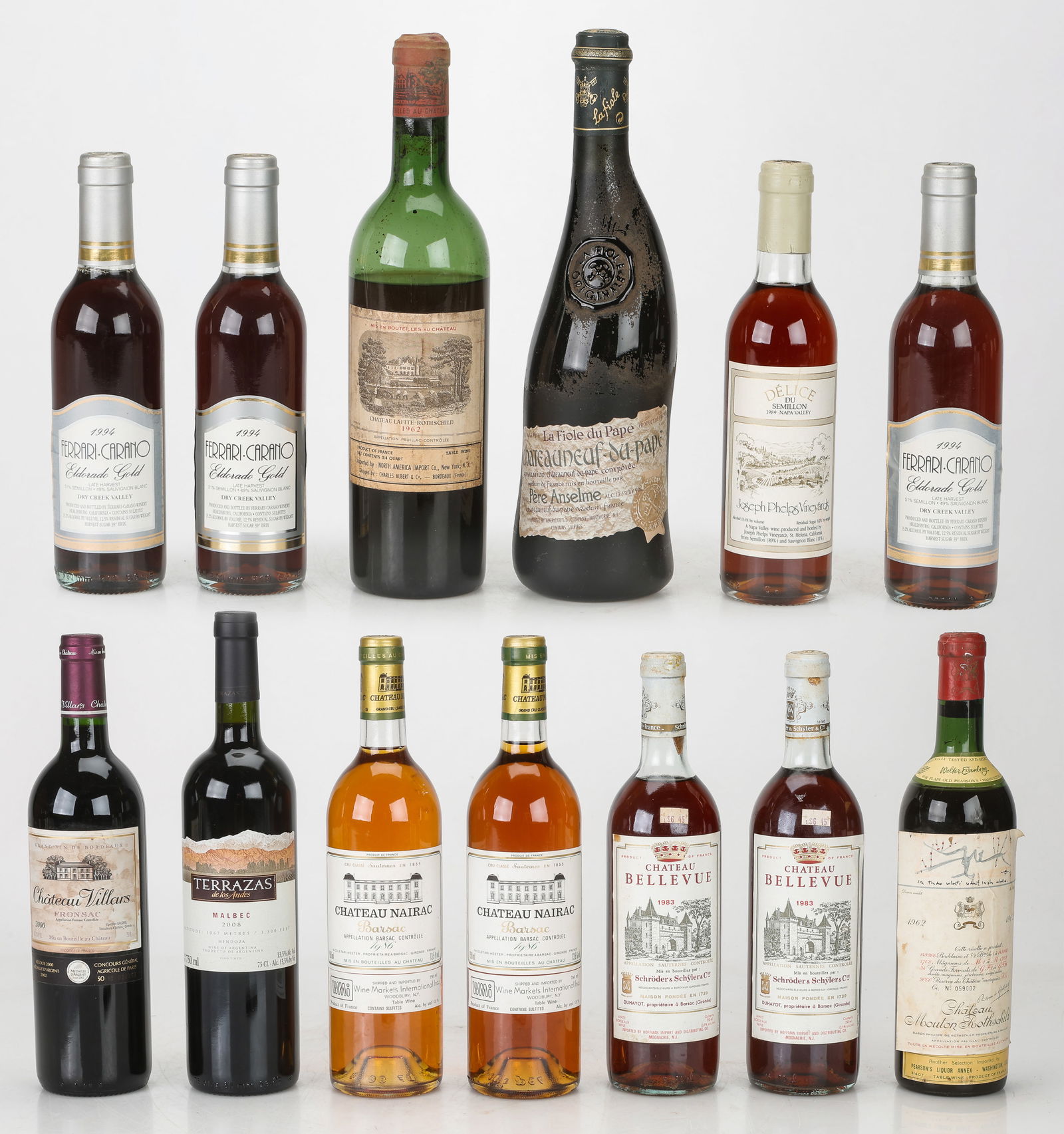 Thirteen Bottles of Assorted Wine: Thirteen Bottles of Assorted Wine. Apparent ullage in some. Including: Ferrari Carano (El Dolrado Gold), 1994, x3, Joseph Phelps Vineyards (De Lice), 1989, Chateau Nairac (Barsac), 1986, x2, Chateau L