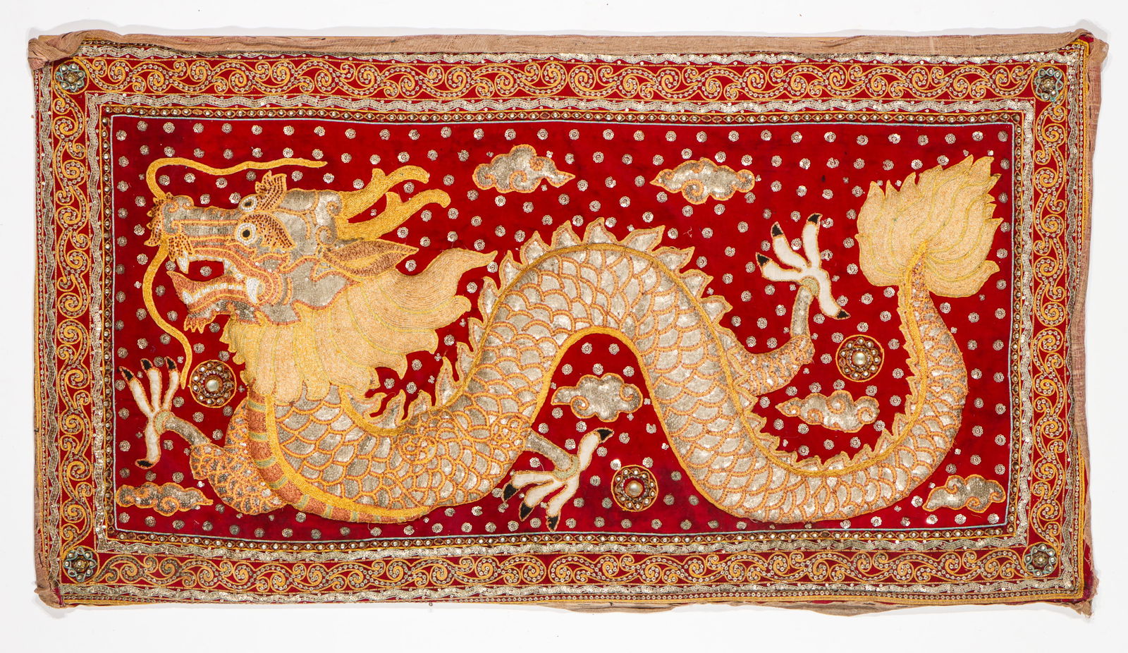 Burmese Dragon Kalaga Tapestry Panel: Burmese Dragon Kalaga Tapestry Panel. Red embroidery, gold bead and sequin applique. Size: 31'' x 57'' (79 x 145 cm).