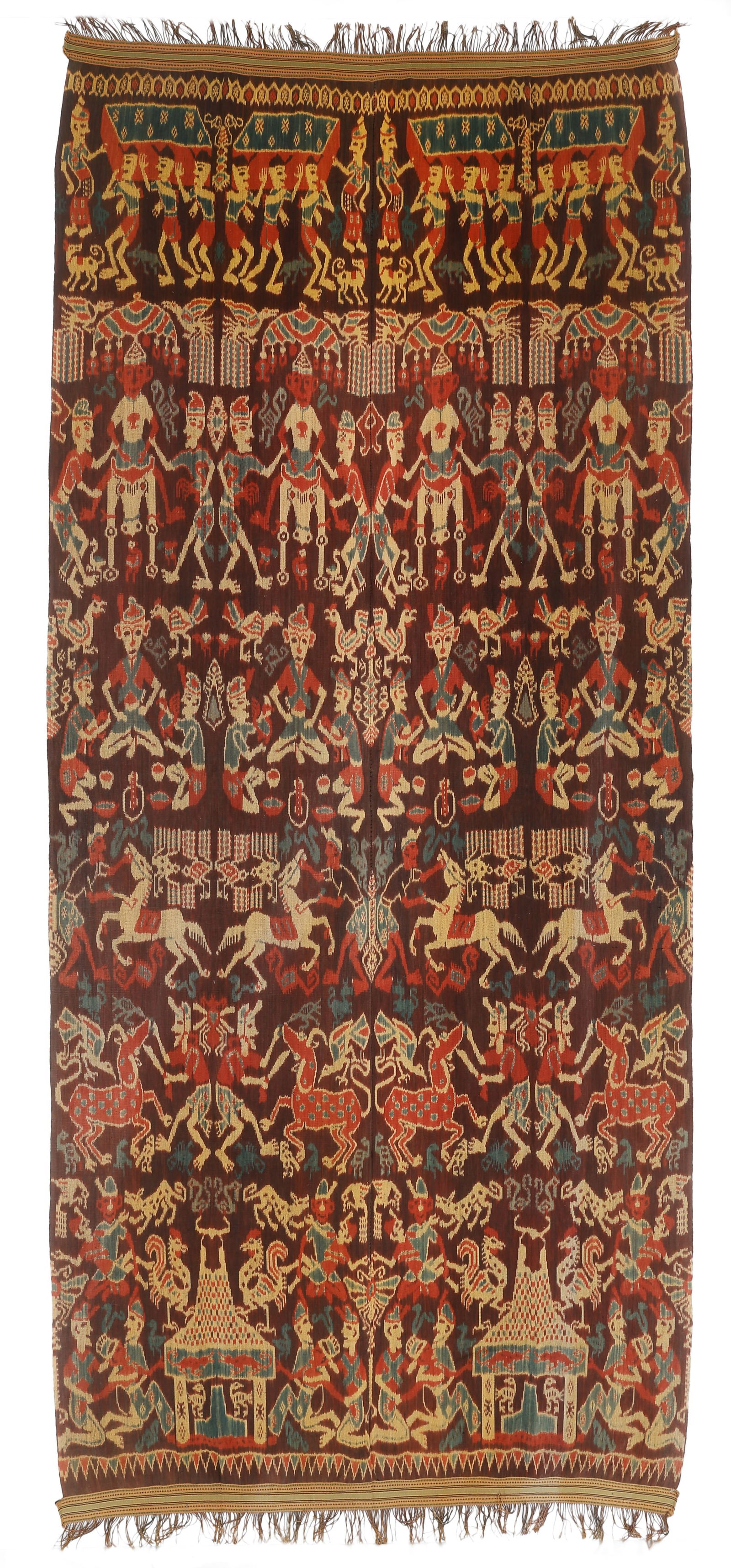 Sumba Ikat Hinggi Depicting Processional and Figures: Sumba Ikat Hinggi Depicting Processional and Figures. Cotton, warp ikat. Size: 4'2'' x 9'6'' (127 x 290 cm).