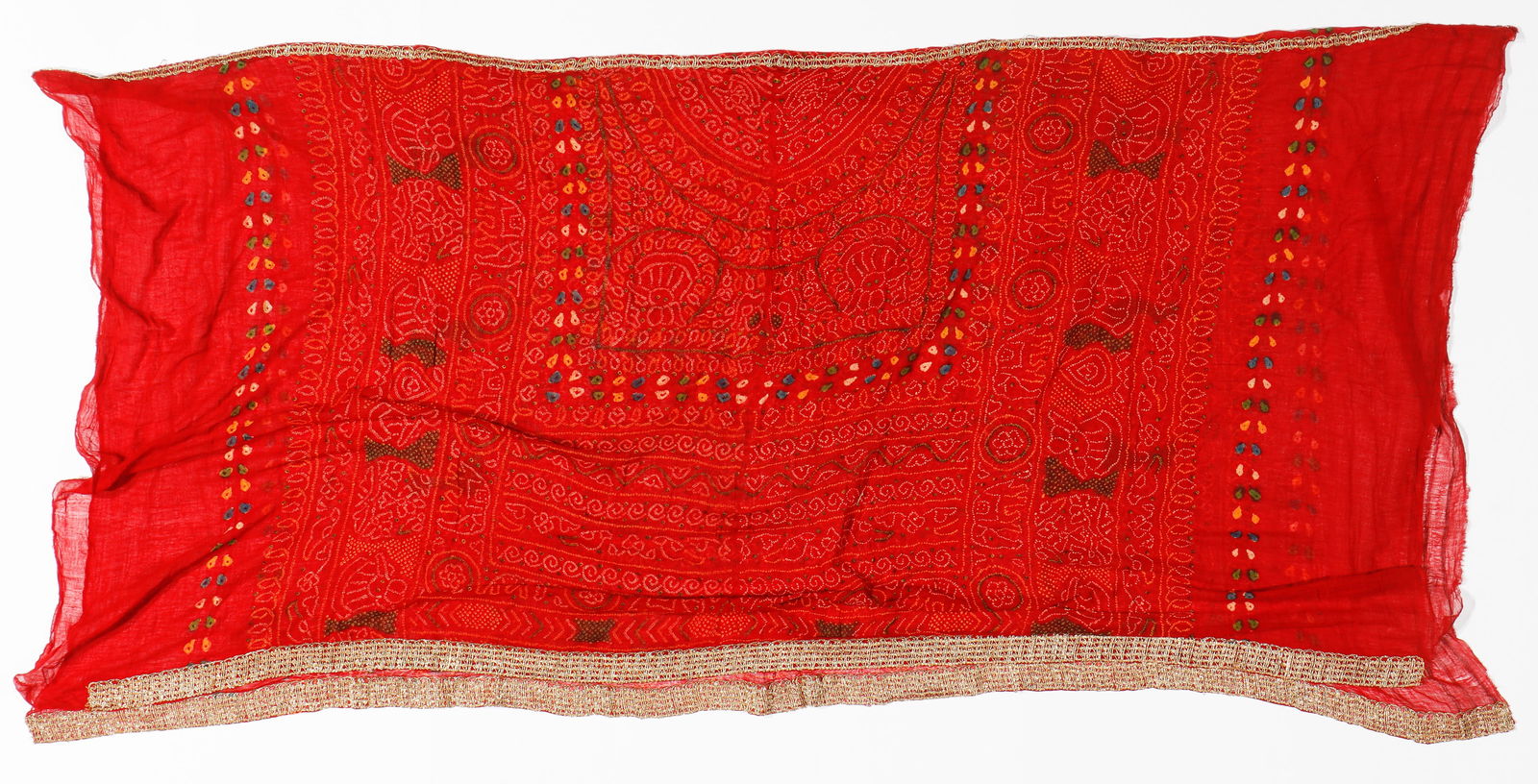 Bandhani (Tie Dye) Shawls With Gold Metallic Thread Trim, Gujarat, India, Mid 20th C. (1 of 5)