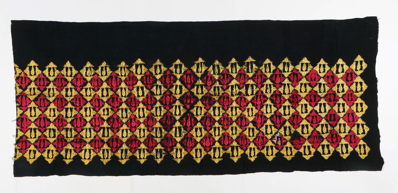 Phulkari-Style Textile With Silk Floss Embroidery: Phulkari-style textile, blue hand spun cotton ground with silk floss embroidery, India, mid 20th c. Size: 100'' x 41'' (254 x 104 cm).