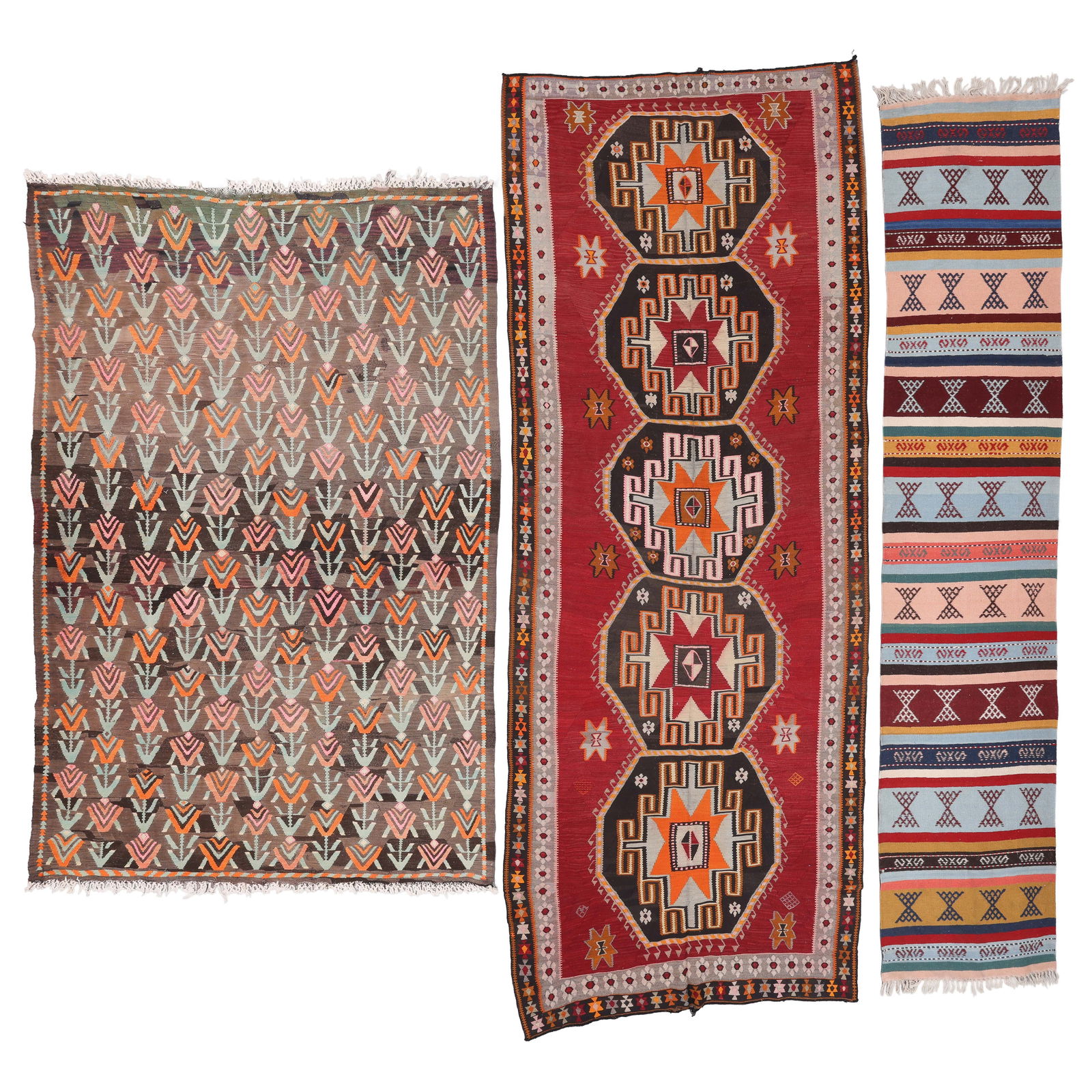 3 Vintage Kilims, Turkey: 3 Vintage Kilims, Turkey, Largest: 5'4'' x 14'2'' (163 x 432 cm). Weight: 53 lbs. Wool.