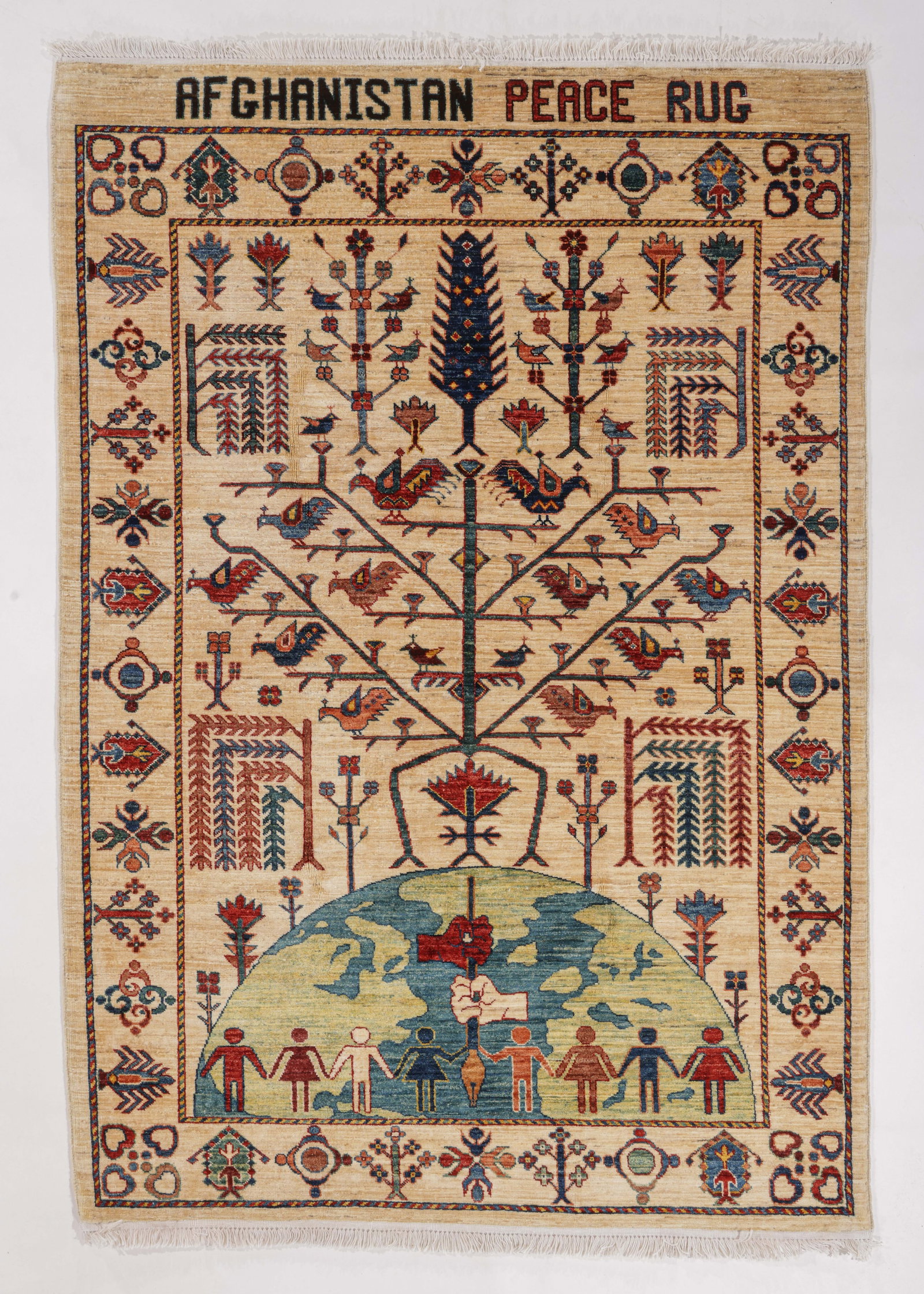 Modern "Peace Rug", Afghanistan, Woven in 2016, 4'5'' x 6'6'': Modern "Peace Rug", Afghanistan, Woven in 2016, 4'5'' x 6'6'' (135 x 198 cm). Weight: 24 lbs. Material: wool pile, cotton warp, cotton weft.