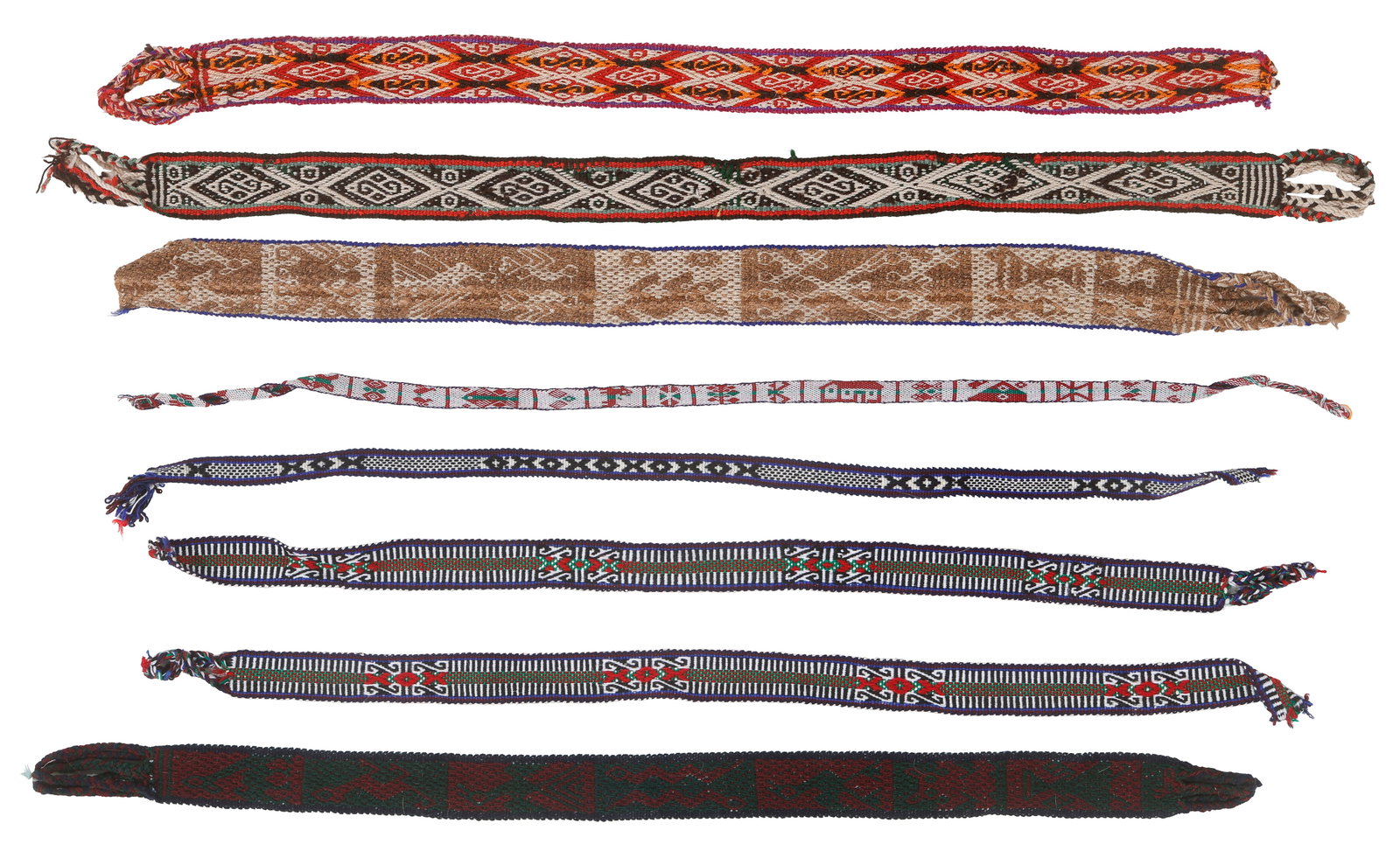 Group of Eight Quechua Woman's Festival Chumpi Belts and Headbands, 20th C.: Group of Eight Quechua Woman's Festival Chumpi Belts and Headbands, 20th C. Wool. Ranging in size from: 3'0'' x 0'1'' (91 x 3 cm) to 3'4'' x 0'2.5'' (102 x 6 cm)