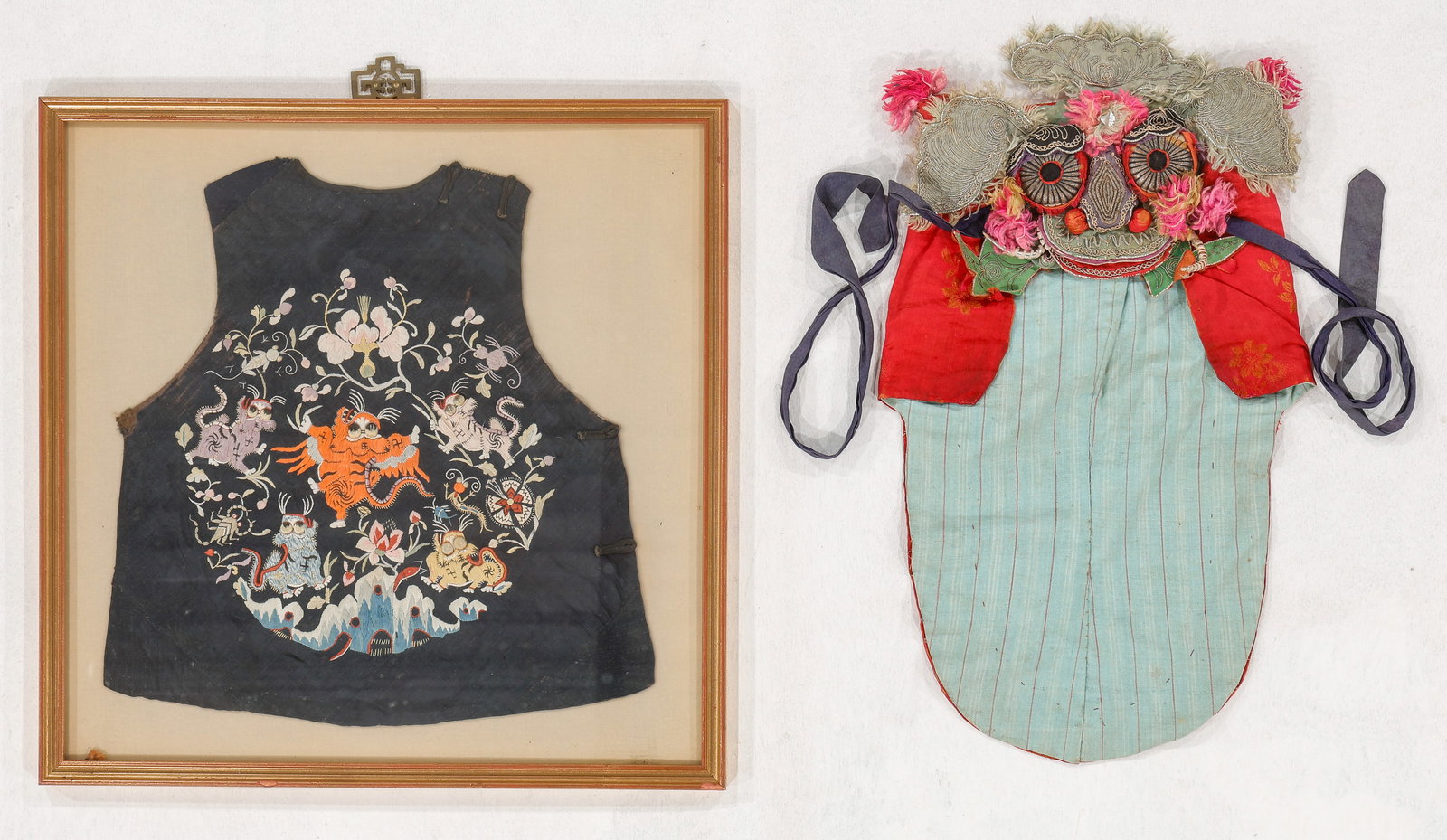 Chinese Silk Embroidered Child's Hat and Framed Vest Panel (2): Chinese Silk Embroidered Child's Hat and Framed Vest Panel (2). Silk. cotton. Frame: 1'5'' x 1'5'' (43 x 43 cm); 0'11'' x 1'5'' (28 x 43 cm)