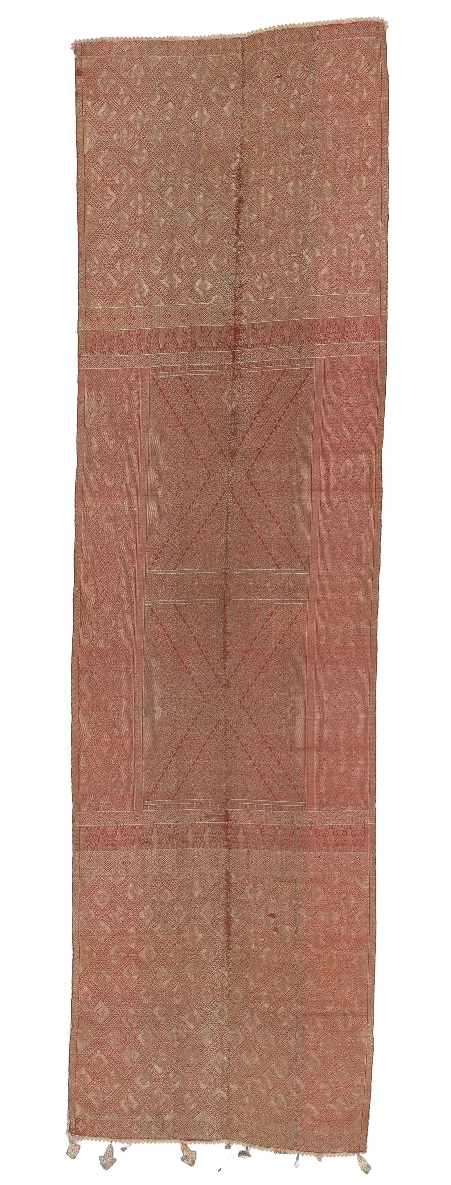 Minangkabau Kain Balapak Shoulder Cloth, Agam or Pitalah, Sumatra: Minangkabau Kain Balapak Shoulder Cloth, Agam or Pitalah, Sumatra. With gilt metal fringe. 1'9'' x 6'3'' (53 x 191 cm). Provenance: ex. Private Denver collection.