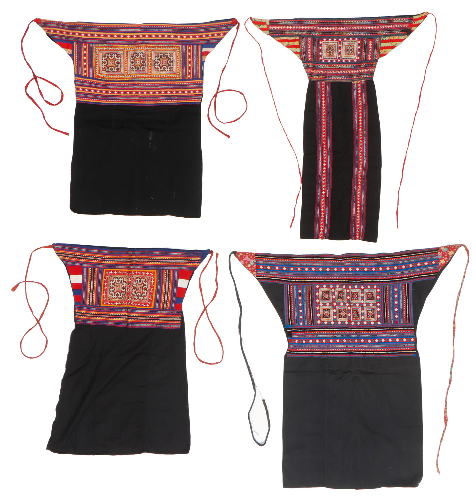 Four Hmong Applique Aprons, Northern Laos, Mid 20th C.: Four Hmong Applique Aprons, Northern Laos, Mid 20th C. Cotton with applique. Ranging in size from: 1'10'' x 2'4'' (56 x 71 cm) to 2'10'' x 2'8'' (86 x 81 cm)