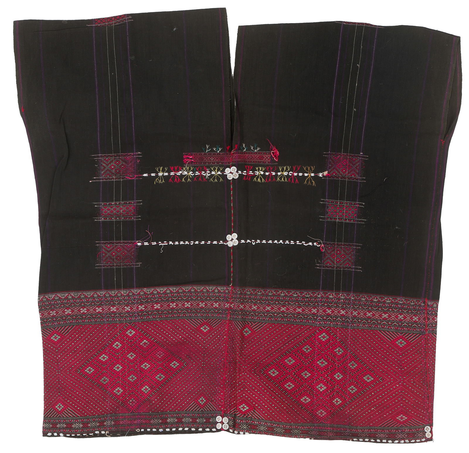 Sungtu Chin Tunic, Burma, Early/Mid 20th C.: Sungtu Chin Tunic, Burma, Early/Mid 20th C. Cotton with embroidery and seed bead and button embellishments. 2'5'' x 2'7'' (74 x 79 cm)