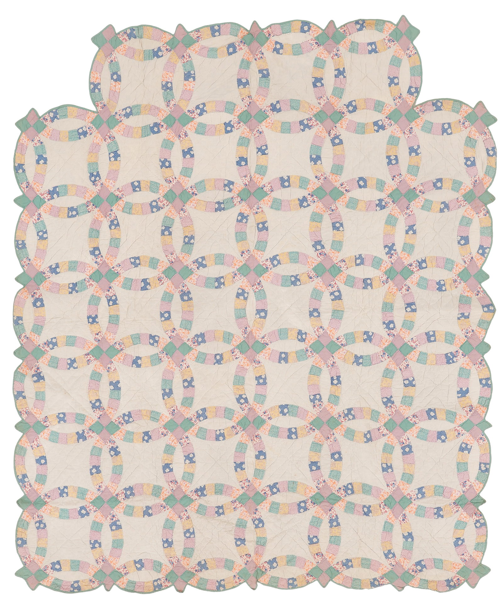 Hand-Stitched Double Wedding Ring Quilt, Early/Mid 20th C. (1 of 4)