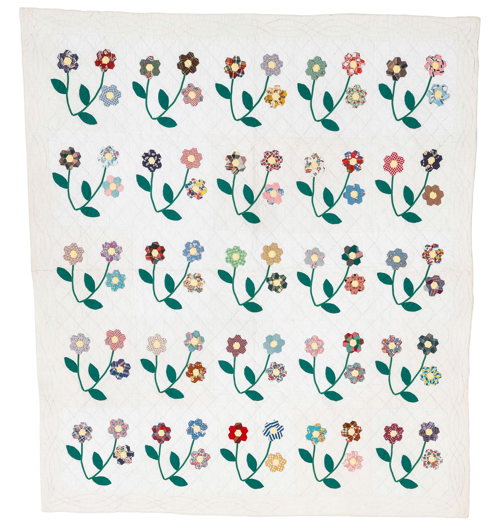 Flower Garden Applique Cotton Quilt, Mid to Late 20th C. (1 of 3)