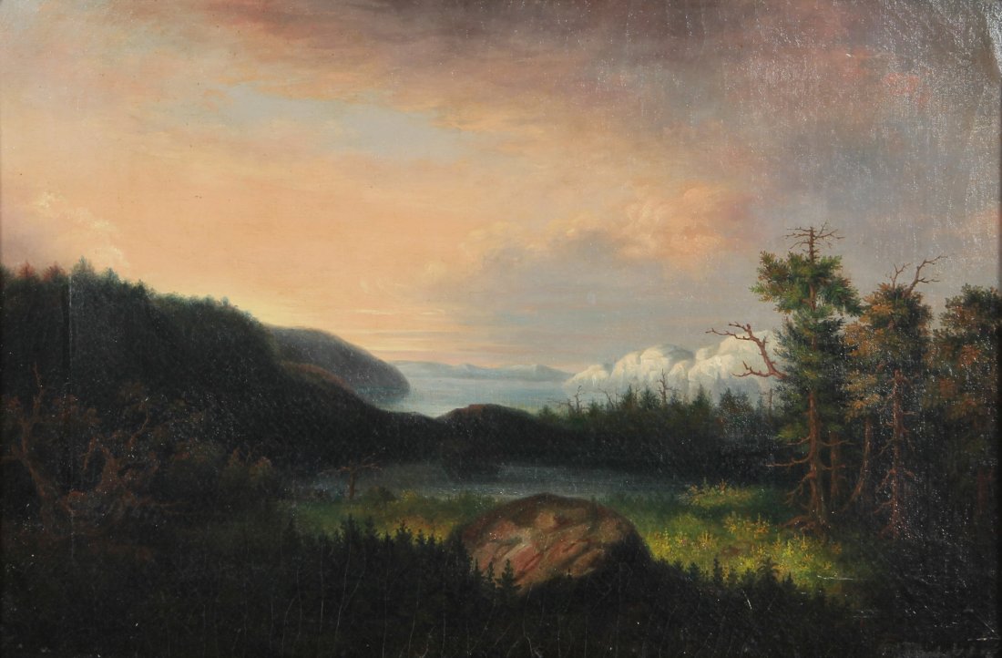 Hudson River School Painting (American, 19th/20th c.) O: Hudson River School Painting (American, 19th/20th c.). Medium: Oil on canvas. Size: 20.5" x 30" (stretcher); 27" x 36.5" x 3" (period carved wood frame). Condition: crackalure throughout.