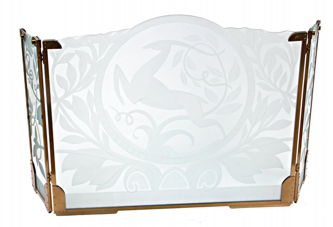 Dennis Abbe Art Deco Revival Glass Fire Screen: Dennis Abbe Art Deco Revival Glass Fire Screen. Size: 51" x 60" x 15". Originally commissioned from the artist. From an estate in Haverford, PA.Following information taken from ModernScultpure.comAbbe