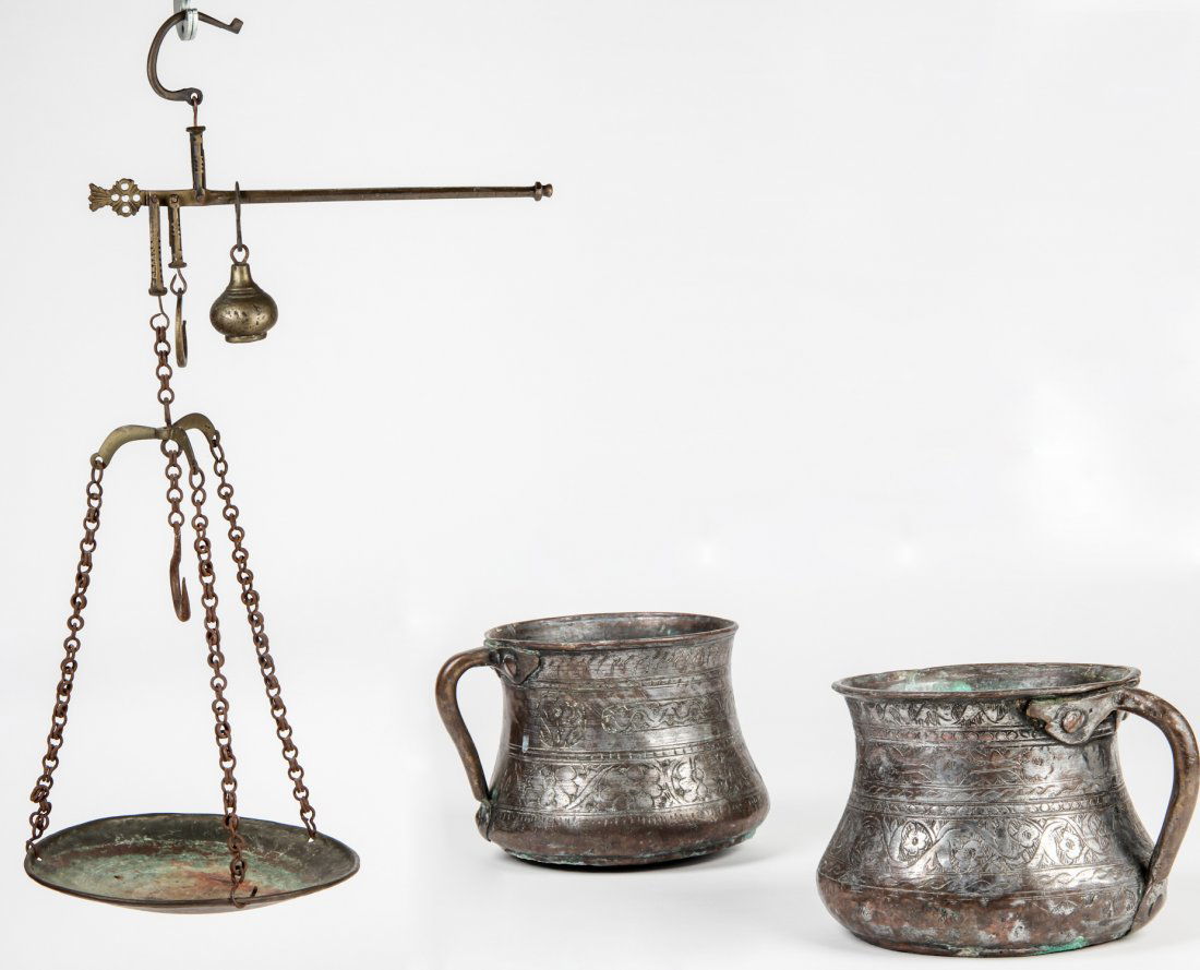 Antique Safavid Style Copper Lot with Beam Scale and 2 : Safavid Style Tinned Copper Lot with Antique Beam Scale and 2 Mugs. Size: Scale: 28" x 14.5" x 11" Mug: 5" x 5.5" x 5". From an estate in Haverford, PA.