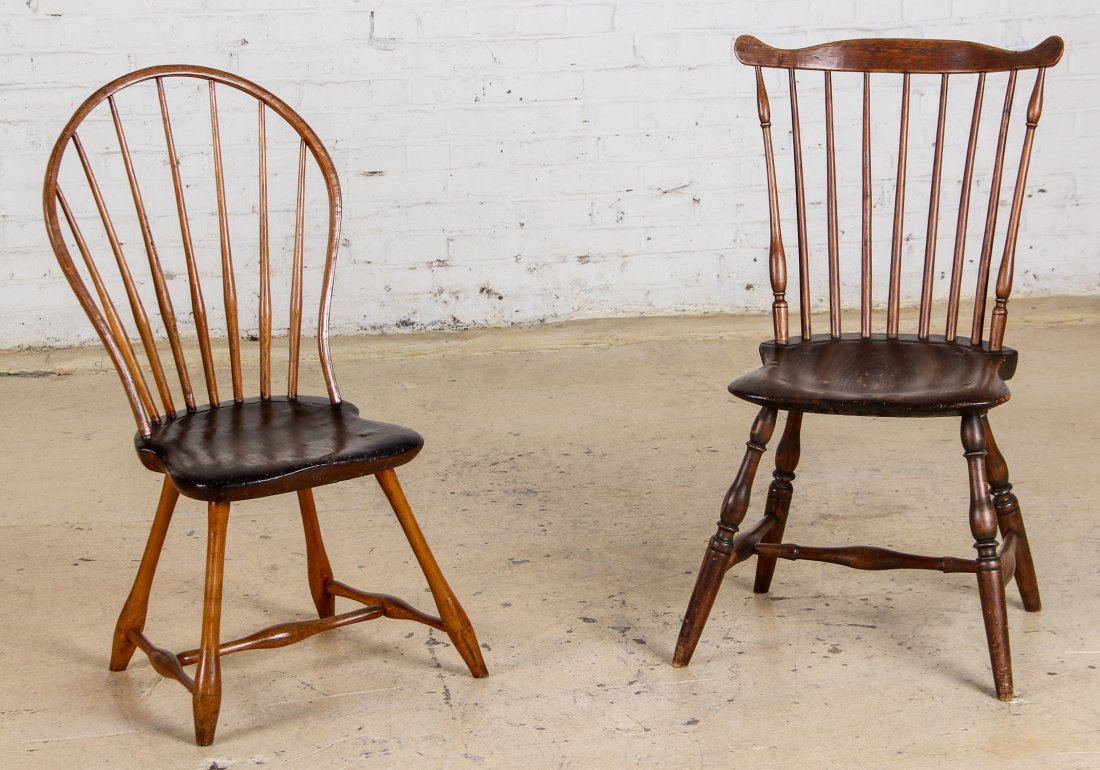 Lot of 2 19th C Pennsylvania Windsor Chairs: Lot of 2 19th C Pennsylvania Windsor Chairs. Size: 1) 37" x 20" x 17"; 2) 30" x 18" x 19". From an estate in Haverford, PA.