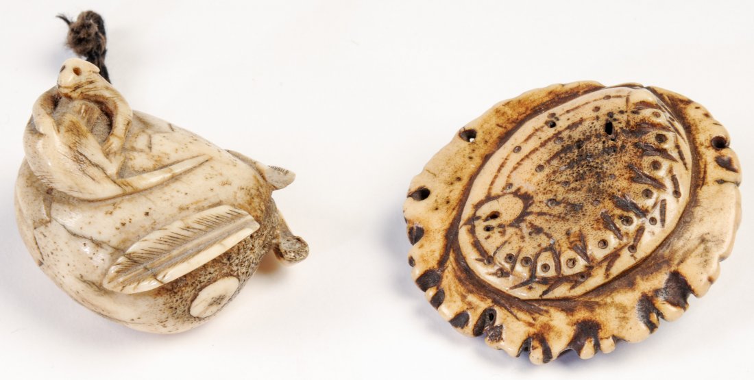 2 Bone Netsukes- Carved Shell and Carved Bat: 2 Bone Netsukes- Carved Shell and Carved Bat (old losses). Sizes: 1) 1.75" x 2", 2) 1" x 1.75" x 1.25". From the collection of a Pennsylvania gentleman.