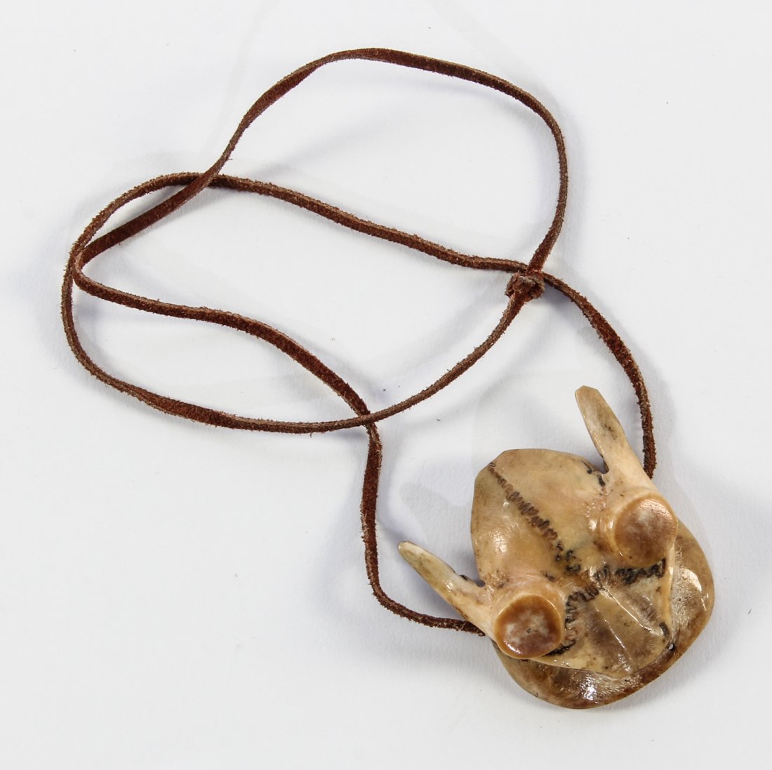 Stan Hill Transformed Skull Talisman, Signed: Stan Hill (Canadian Mohawk Tribe, b. 1921), Carved Skull - Signed, No Date. Skull cap of unknown animal transformed to stylistic talisman Size: 2.5" x 2" x 1" (6 x 5 x 2.5 cm). Provenance: Max Garb, C