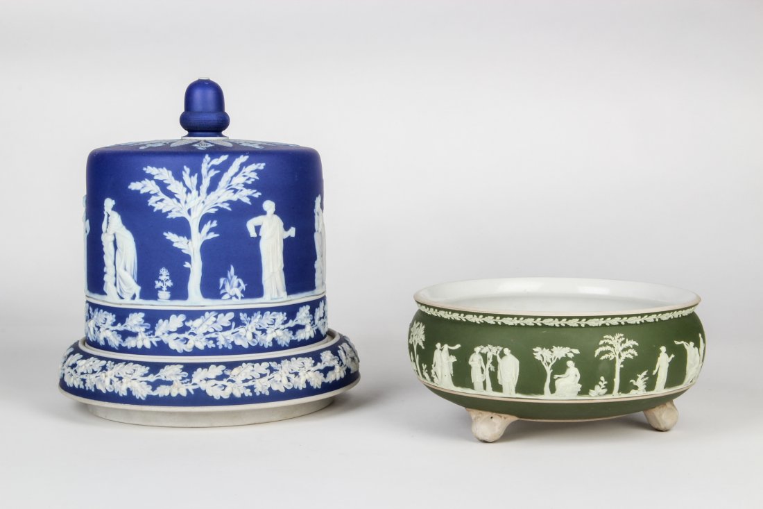 2 Wedgwood Jasperware Pieces- Lidded Cake Plate, Footed: 2 Wedgwood Jasperware Pieces- Lidded Cake Plate, Footed Casserole. Sizes: 1) 11.5" x 10" x 10" ; 2) 4" x 8.5" x 8.5". From an estate in Haverford, PA.