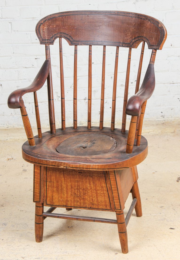 19th C Commode Chair: 19th C Commode Chair- Wood grain painted. Nicely shaped arms in the Windsor style with lamb's ear shaped yoke. Size: 36.5" x 22.5" x 17"