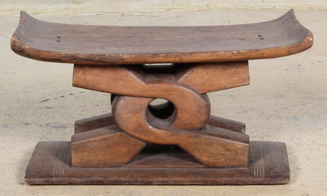 Stylized Curule Base Carved Wood Footstool, Ashanti: Stylized Curule Base Carved Wood Footstool Ashanti, mid 20th c. Size: 11" x 21.5" x 10.5". Provenance: William Murray