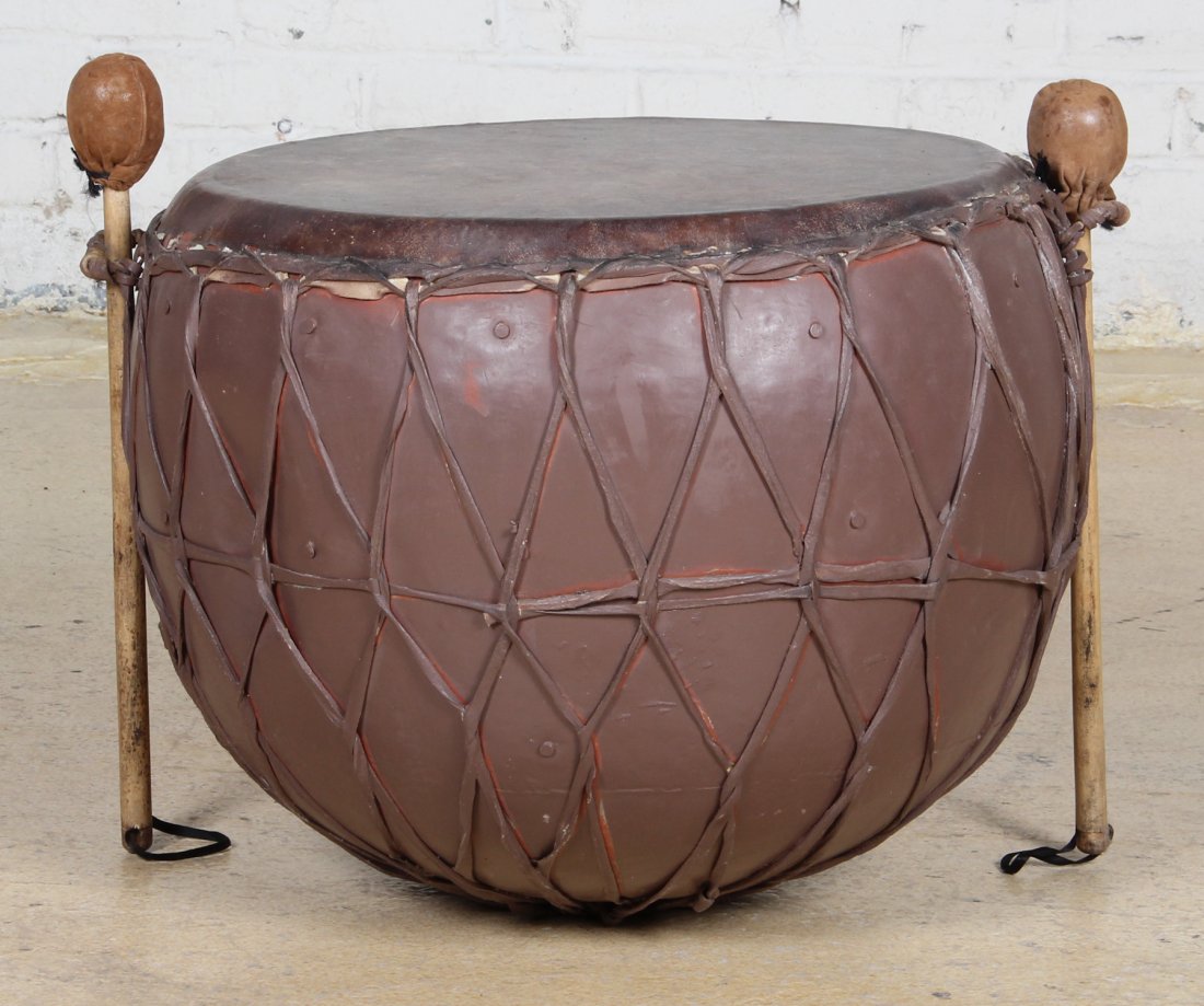 African Leather Clad Drum With 2 Mallets: African Leather Clad Drum With 2 Mallets. Size: 16" x 21" x 21".