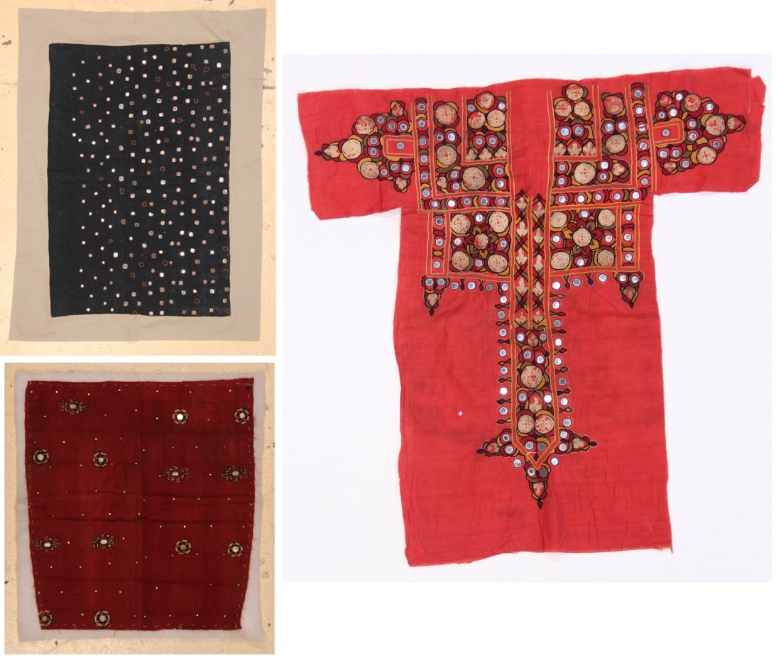 Three Indian Rajisthani Textiles: Three Indian Rajisthani Textiles, early 20th c. Size: 1) 1'10" x 2'; 2) 2'4" x 2'5"; 3) 2'2" x 3'2". Provenance: Jane Steinsnyder.