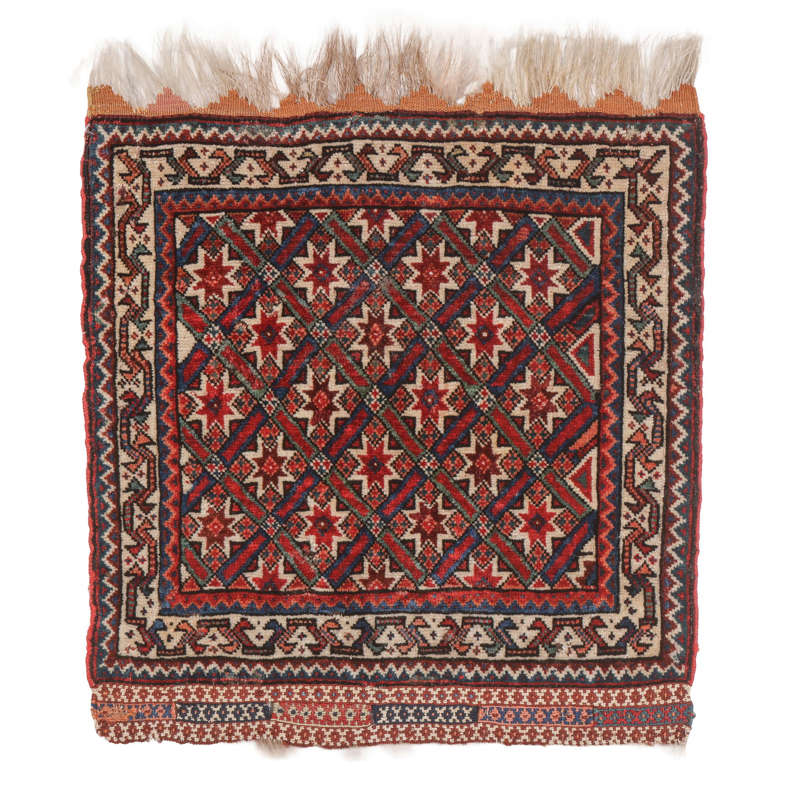Fine Gashgai Bagface, Persia, Ca. 1880, 1'6'' x 1'6'': Fine Gashgai Bagface, Persia, Ca. 1880, 1'6'' x 1'6'' (46 x 46 cm). Weight: 1 lb. Material: wool pile, wool warp, wool weft.