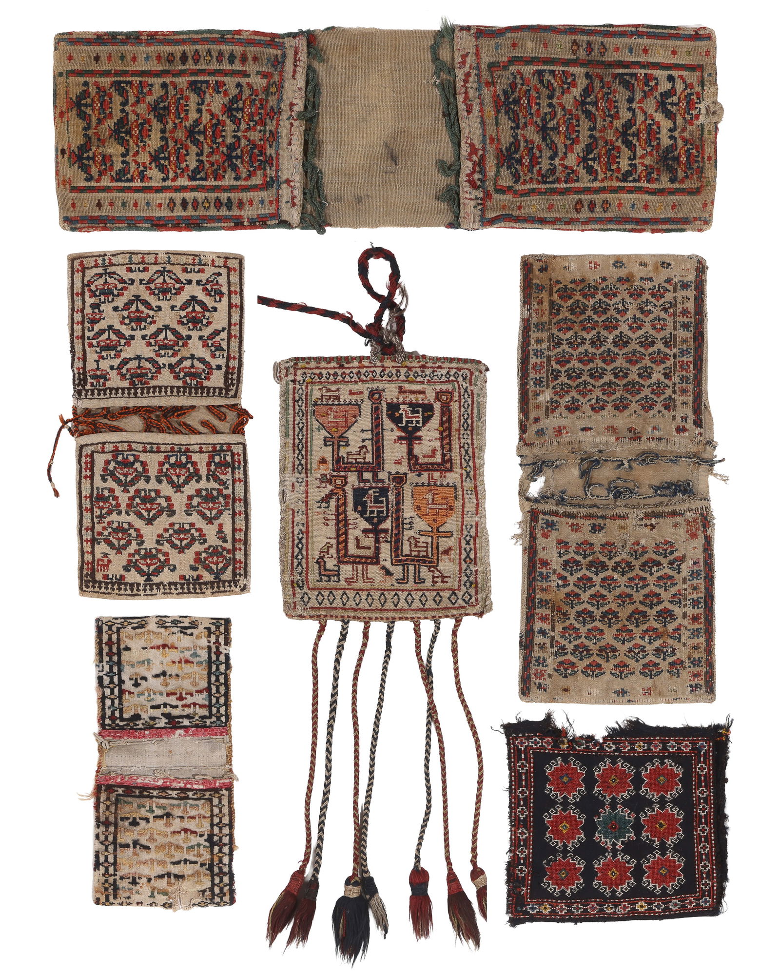 Group of 6 Gashgai & SW Persian Trappings, Late 19th/Early 20th C.: Group of 6 Gashgai & SW Persian Trappings, Late 19th/Early 20th C., largest: 0'10'' x 2'8'' (25 x 81 cm). Weight: 3 lbs. Wool.