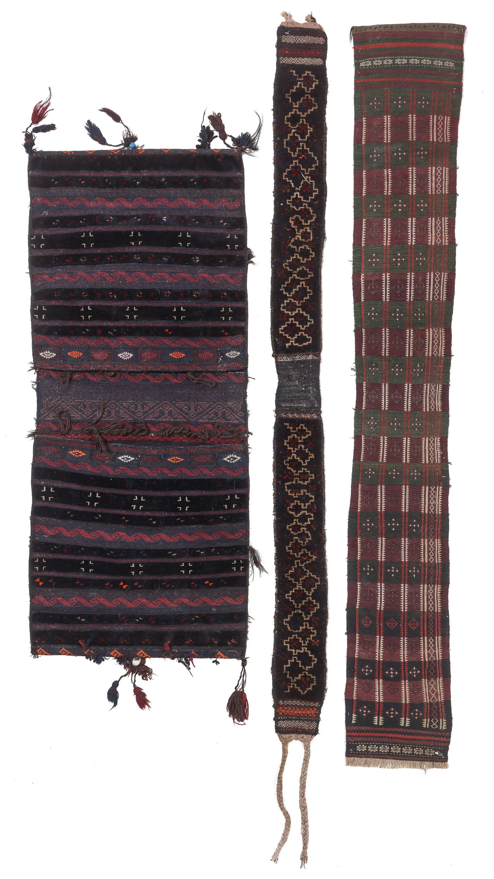 3 Baluch Trappings, Persia/Afghanistan, Early 20th C: 3 Baluch Trappings, Persia/Afghanistan, Early 20th C., largest: 1'10'' x 4'3'' (56 x 130 cm). Weight: 10 lbs. Wool.
