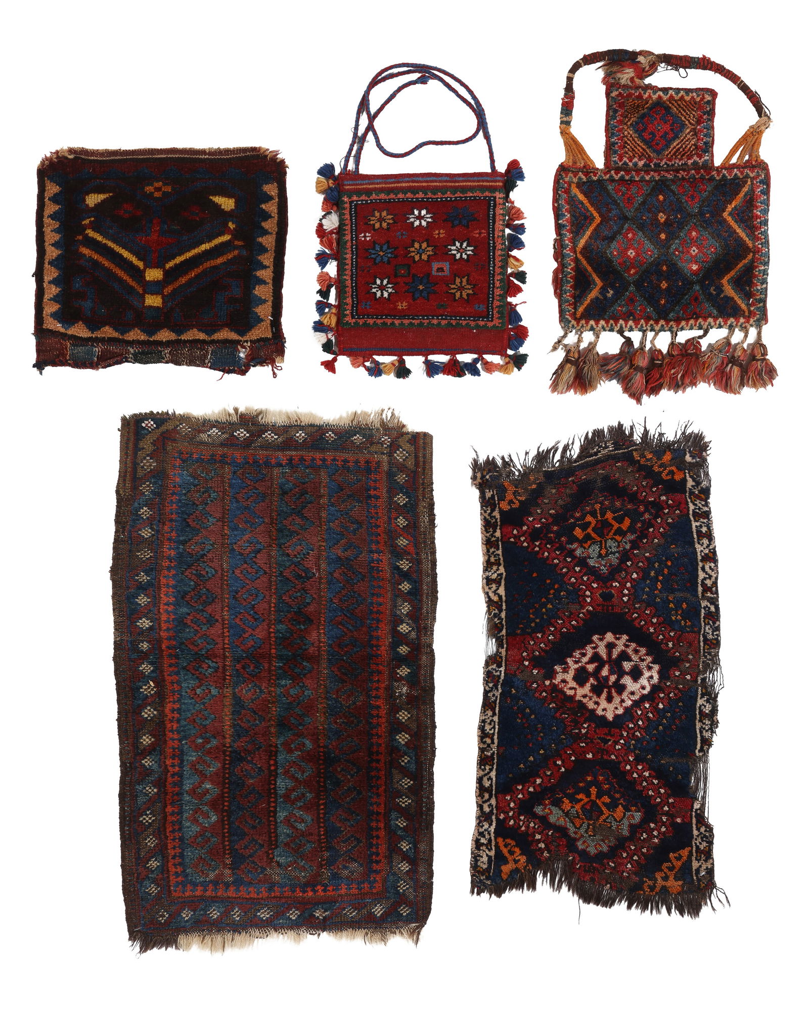 Group of 5 Small Pile Weavings, Turkey/C Asia, Late 19th/Mid 20th C: Group of 5 Small Pile Weavings, Turkey/C Asia, Late 19th/Mid 20th C., largest: 1'10'' x 3'2'' (56 x 97 cm). Weight: 8 lbs. Wool.