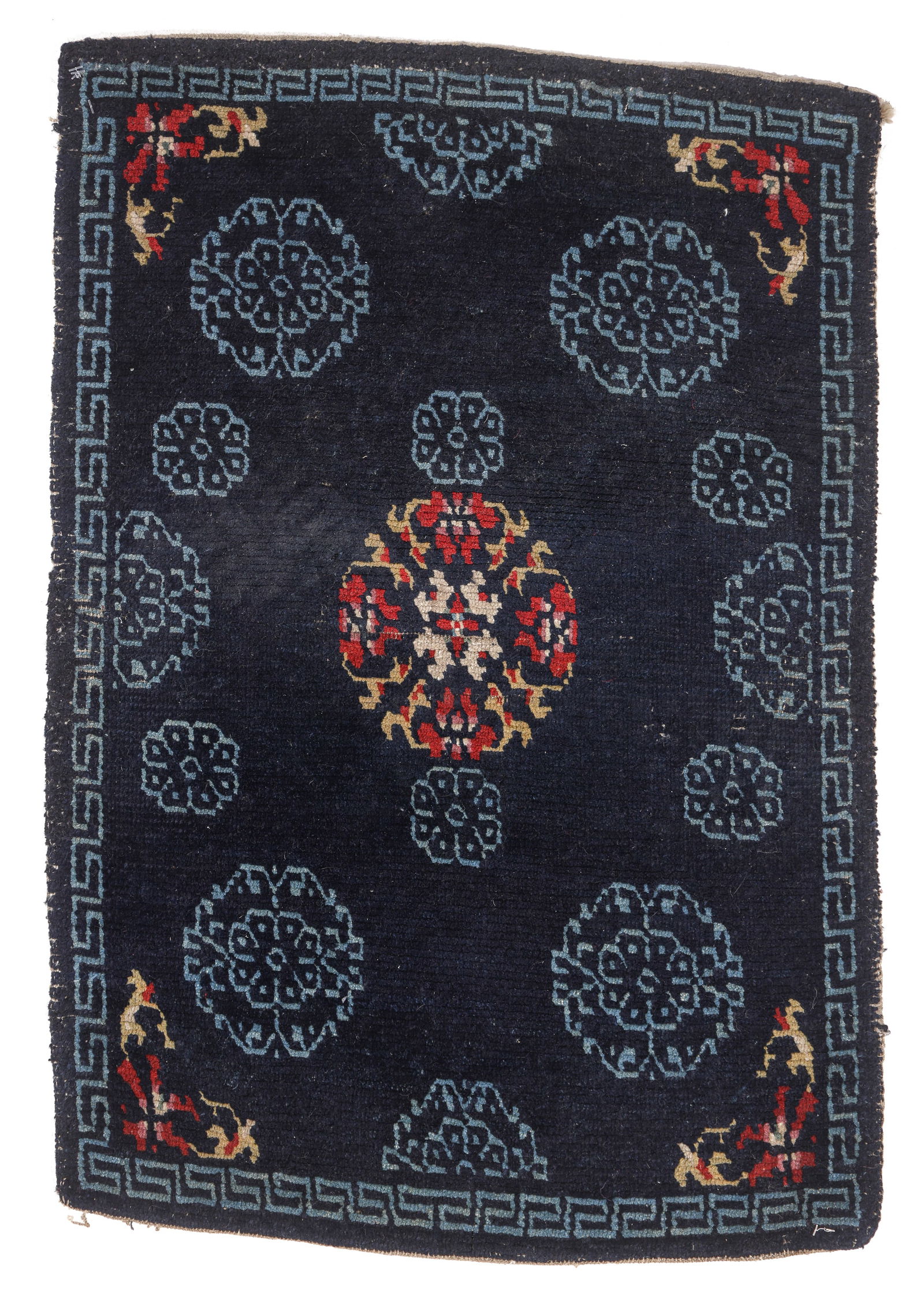 Indigo Mat with Floral and Multicolored Central Medallion, Tibet, Late 19th C., 1'9'' x 2'6'': Indigo Mat with Floral and Multicolored Central Medallion, Tibet, Late 19th C., 1'9'' x 2'6'' (53 x 76 cm). Weight: 2 lbs. Wool.