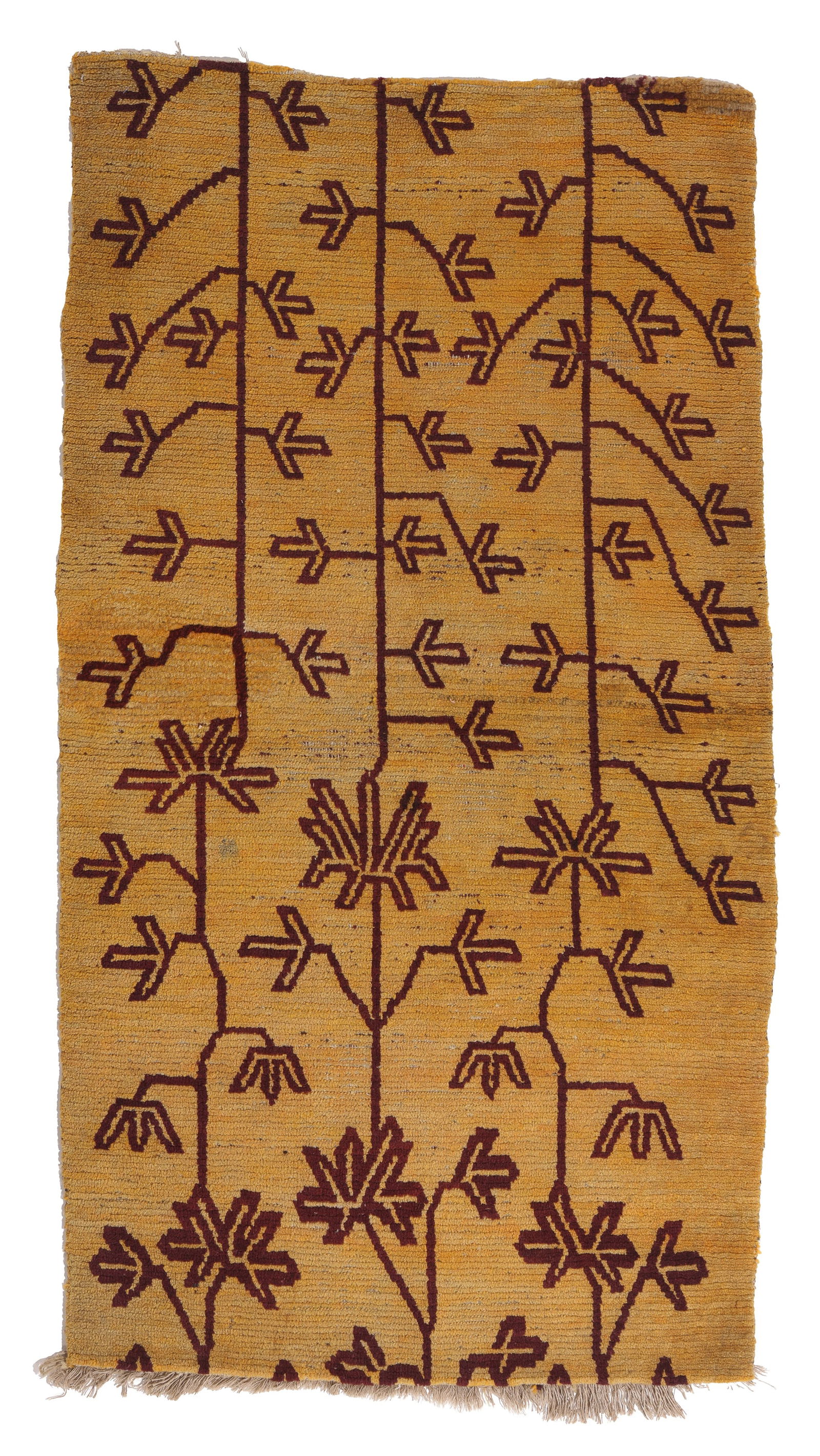 Unusual Yellow Field & Vine Rug, Tibet, Ca. 1900, 2'5'' x 4'4'': Unusual Yellow Field & Vine Rug, Tibet, Ca. 1900, 2'5'' x 4'4'' (74 x 132 cm). Weight: 4 lbs. Wool.