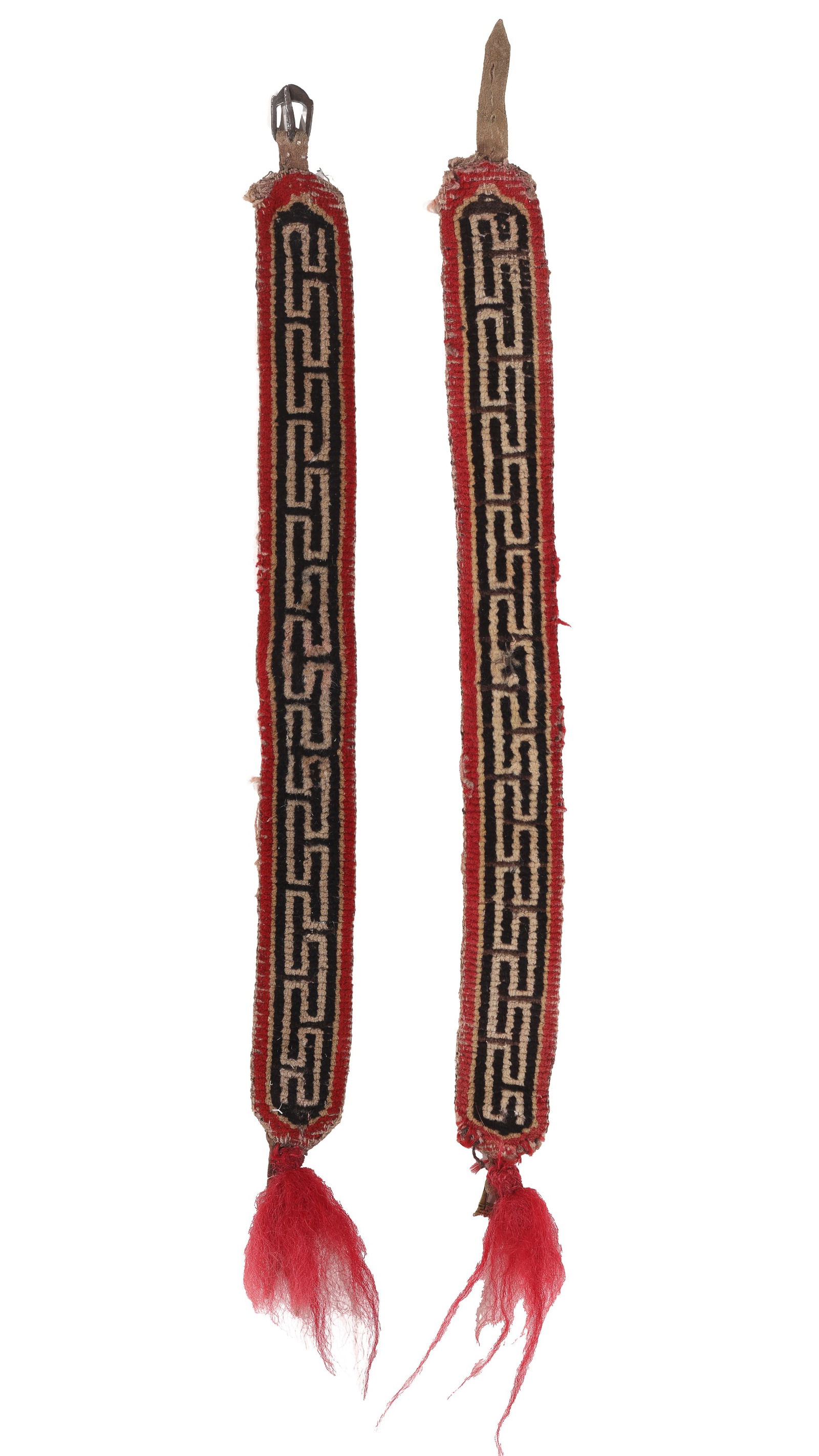 Pair of Animal Trappings, Tibet, Ca. 1900: Pair of Animal Trappings, Tibet, Ca. 1900, 0'3'' x 2'4'' (8 x 71 cm). Weight: 1 lb. Wool. With dyed yak hair tassels and original leather and steel fasteners.