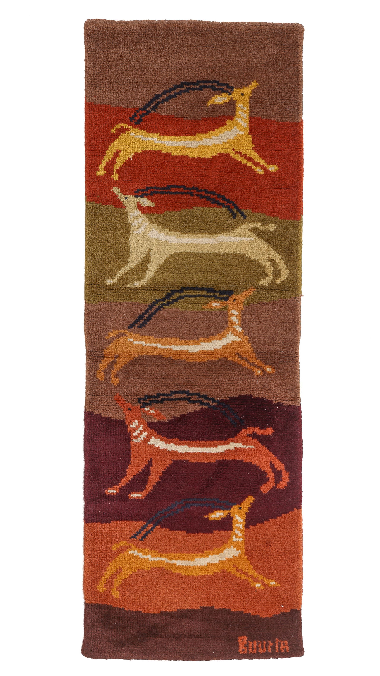 Art Deco Wool Pile Rug, Signed, Possibly Continental, Mid 20th C., 1'8'' x 5'2'': Art Deco Rug, Signed, Possibly Continental, Mid 20th C., 1'8'' x 5'2'' (51 x 157 cm). Weight: 7 lbs. Wool.