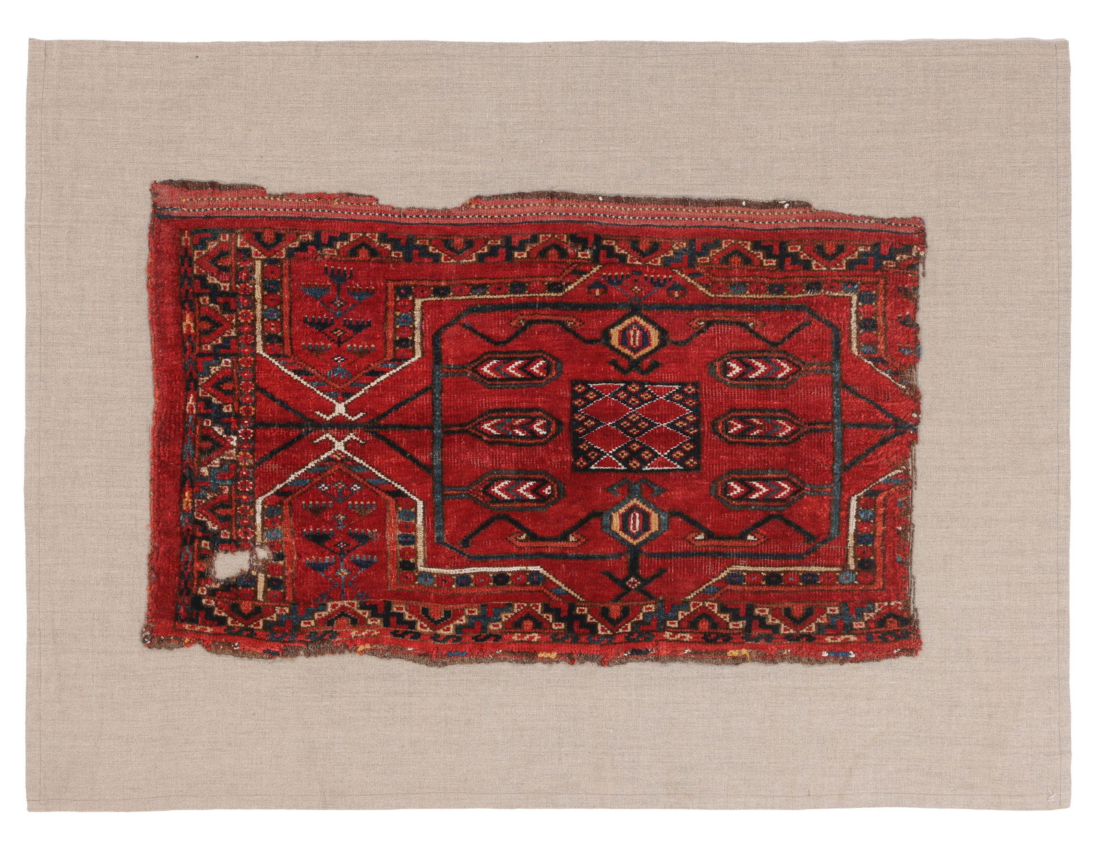Ersari Jollar Fragment, Central Asia, Early/Mid 19th C., 2'8'' x 1'7'': Ersari Jollar Fragment, Central Asia, Early/Mid 19th C., 2'8'' x 1'7'' (81 x 48 cm). Weight: 3 lbs. Material: wool pile, wool warp, wool weft, cotton highlights.