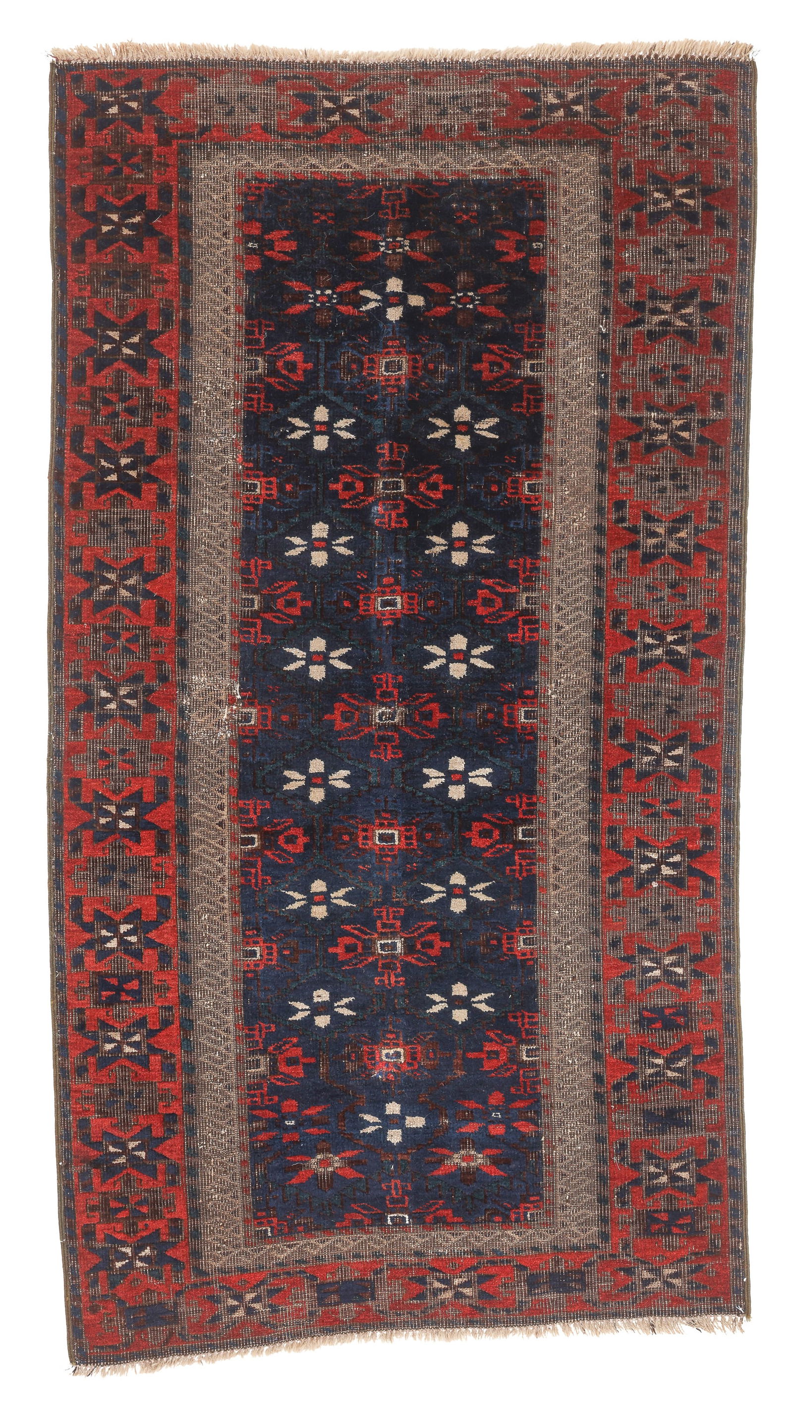 Kara'i Baluch Rug, NE Persia, 19th C., 2'7'' x 4'9'': Kara'i Baluch Rug, NE Persia, 19th C., 2'7'' x 4'9'' (79 x 145 cm). Weight: 5 lbs. Material: wool pile, wool warp, wool weft.