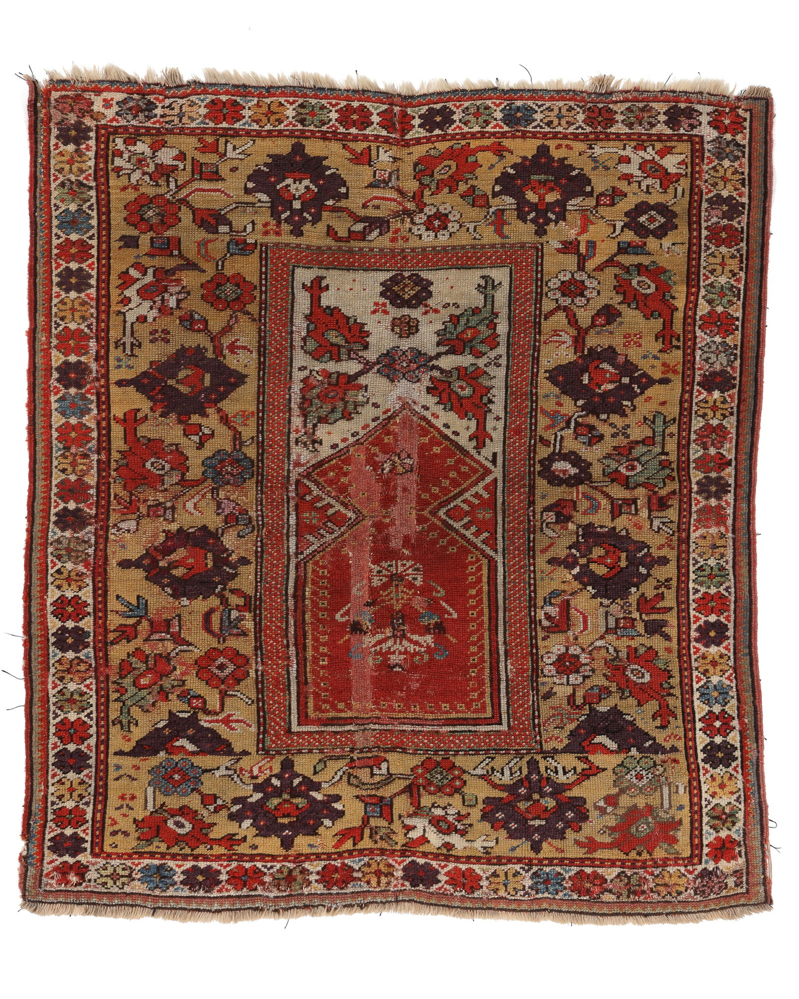 Milas Prayer Rug, Turkey, 19th C., 3'8'' x 4'1'': Milas Prayer Rug, Turkey, 19th C., 3'8'' x 4'1'' (112 x 124 cm). Weight: 4 lbs. Material: wool pile, wool warp, wool weft.
