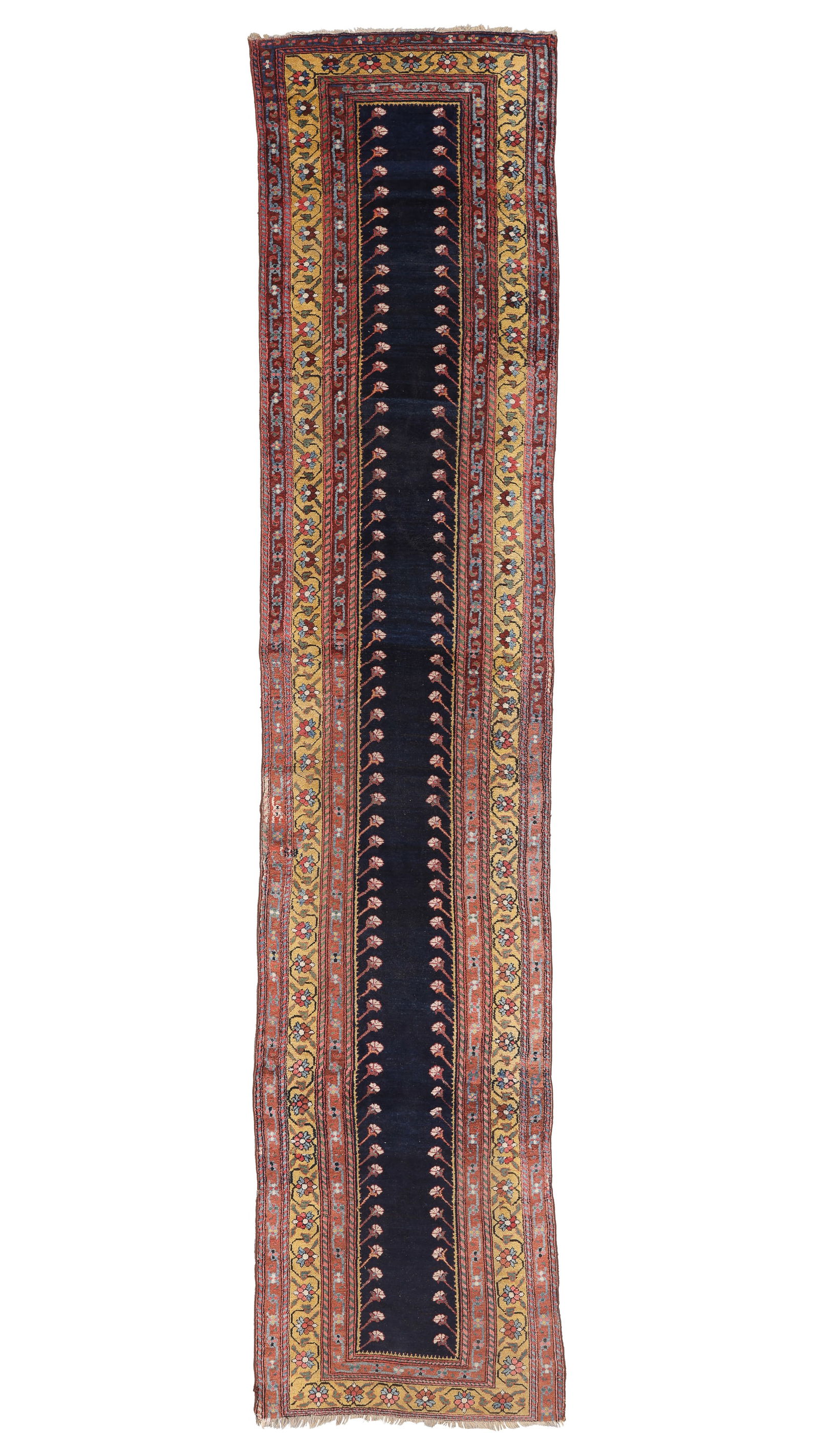 Unusual Long Blue Kurd Runner, Persia, Late 19th C., 3'6'' x 16'10'': Unusual Long Blue Kurd Runner, Persia, Late 19th C., 3'6'' x 16'10'' (107 x 513 cm). Weight: 32 lbs. Wool.