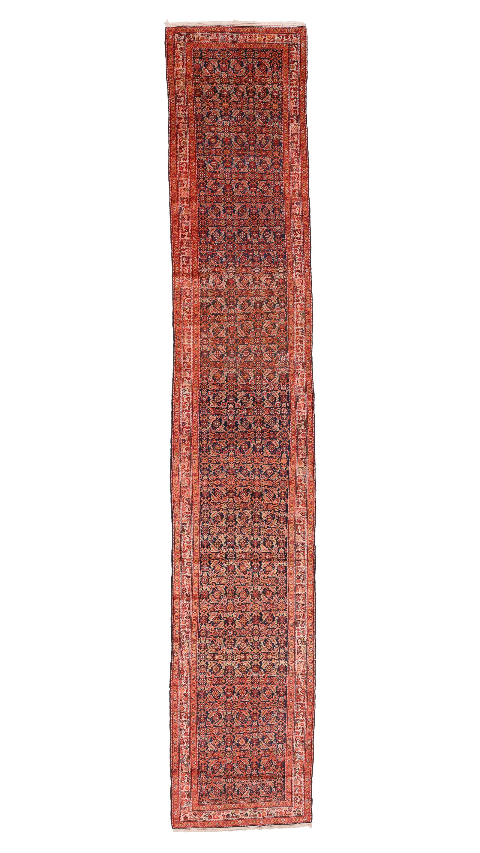 Long Blue Malayer Runner, Persia, Early 20th C., 3'1'' x 17'1'': Long Blue Malayer Runner, Persia, Early 20th C., 3'1'' x 17'1'' (94 x 521 cm). Weight: 26 lbs. Material: wool pile, cotton warp, cotton weft.