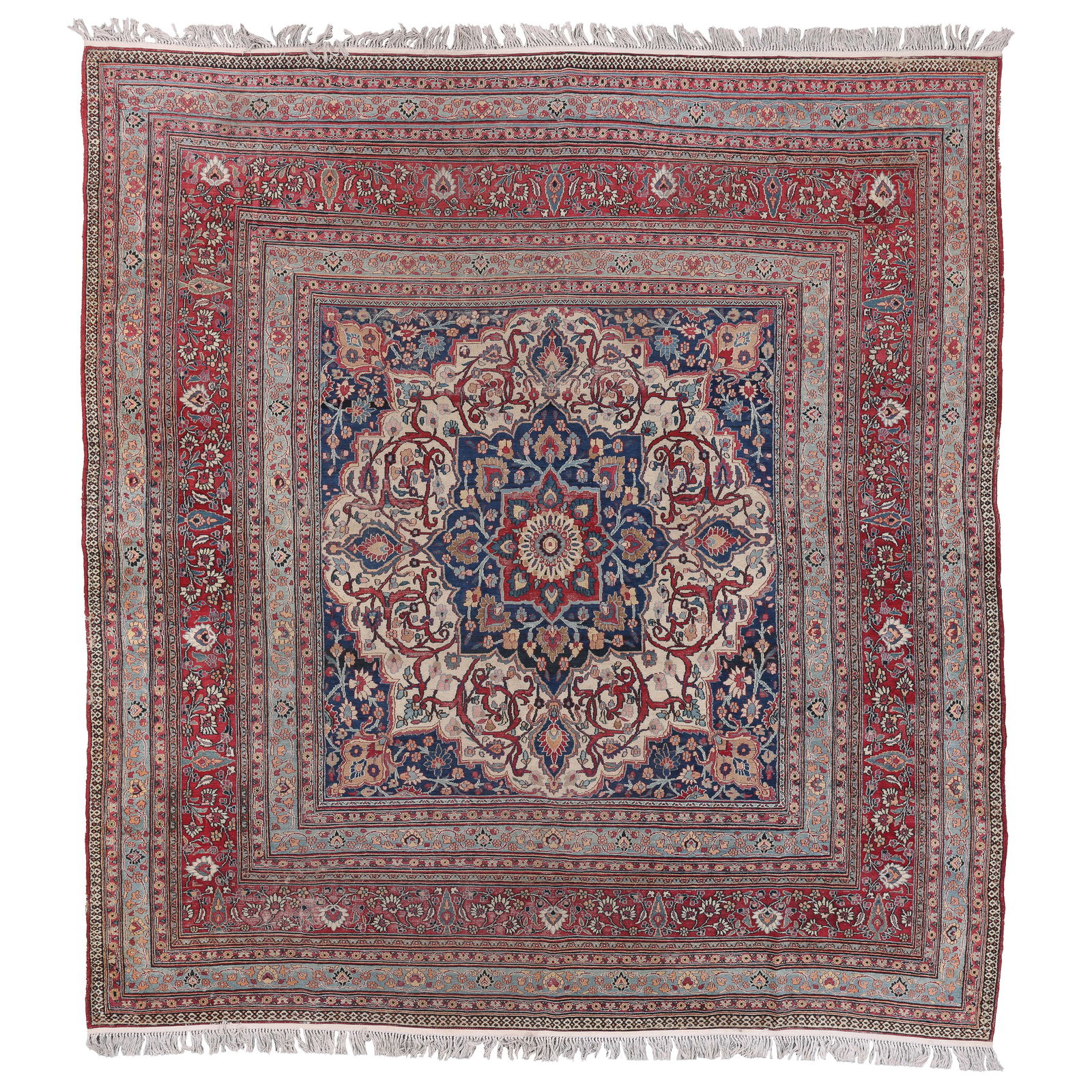 Meshed Rug, Persia, Late 19th C., 10'7'' x 11'4'': Meshed Rug, Persia, Late 19th C., 10'7'' x 11'4'' (323 x 345 cm). Weight: 55 lbs. Material: wool pile, cotton warp, cotton weft. Sporadic wear, rug padding residue stuck to an area on the back, applie