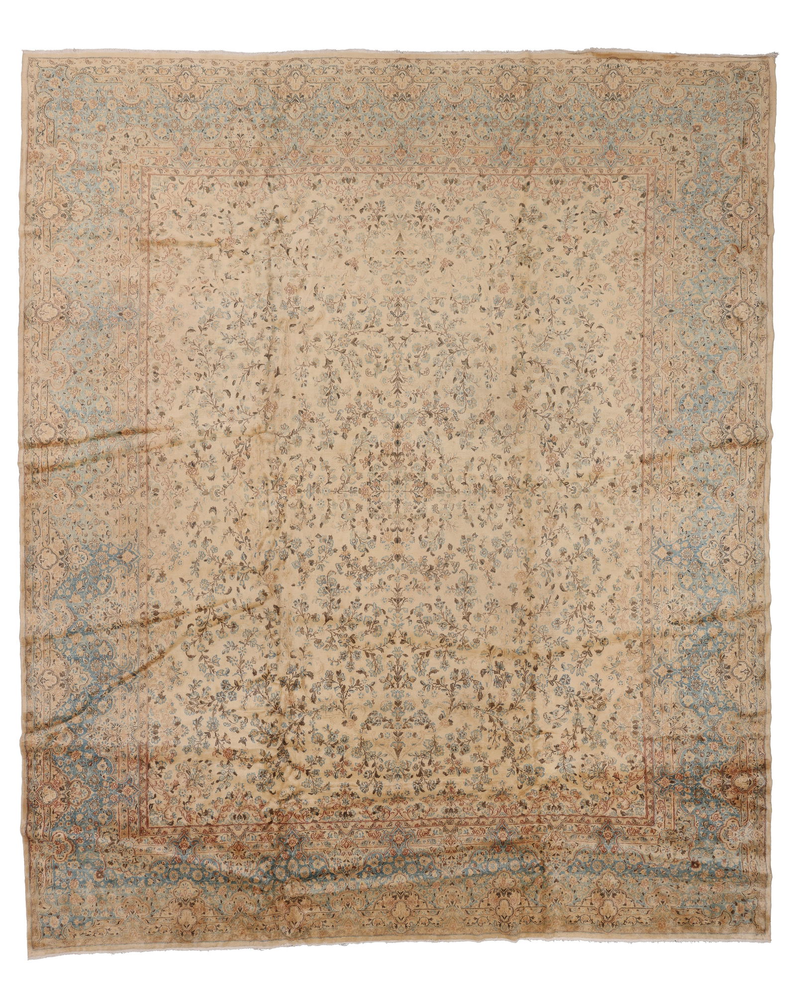 Mansion-Size Ivory Field Kerman Rug, Persia, Mid 20th C., 12'7'' x 15'0'': Mansion-Size Ivory Field Kerman Rug, Persia, Mid 20th C., 12'7'' x 15'0'' (384 x 457 cm). Weight: 110 lbs. Material: wool pile, cotton warp, cotton weft.